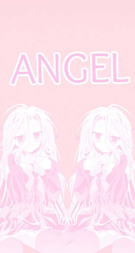Pastel Pink Aesthetic Anime 桌布 壁紙 — 兩個鏡像的動漫女孩，白髮粉紅眼睛，坐在柔和的粉紅色背景上，下方有ANGEL字樣。