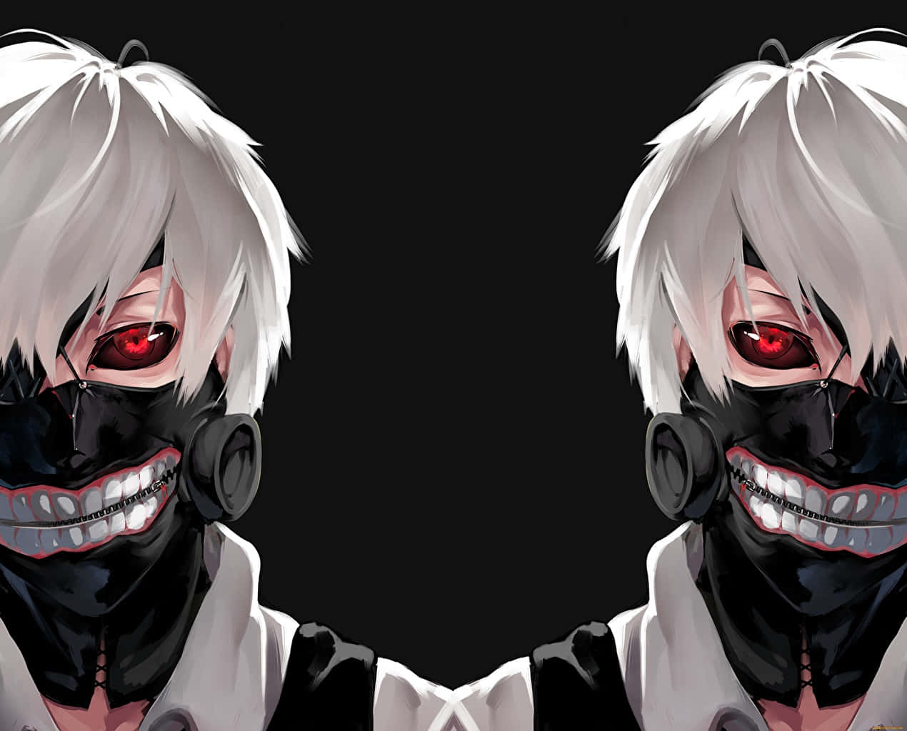 Ken Kaneki 桌布 壁紙 — 兩個鏡像的動漫角色，白髮紅眼，戴著黑色面具，在黑暗背景上猙獰地咧嘴笑。