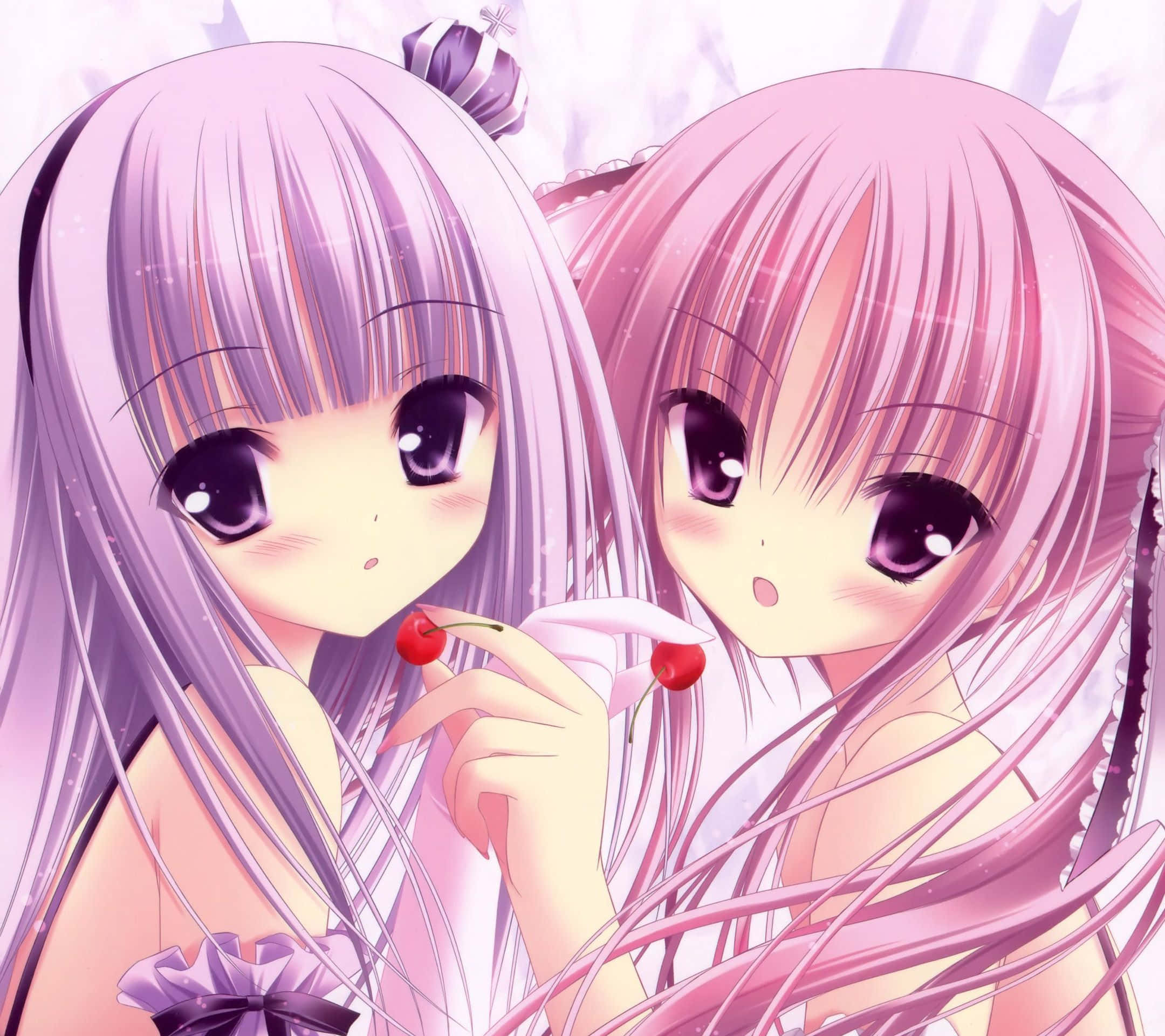 Anime Group 桌布 壁紙 — 兩個長著紫色和粉紅色長髮的動漫女孩在閃閃發光的柔和背景前分享櫻桃。