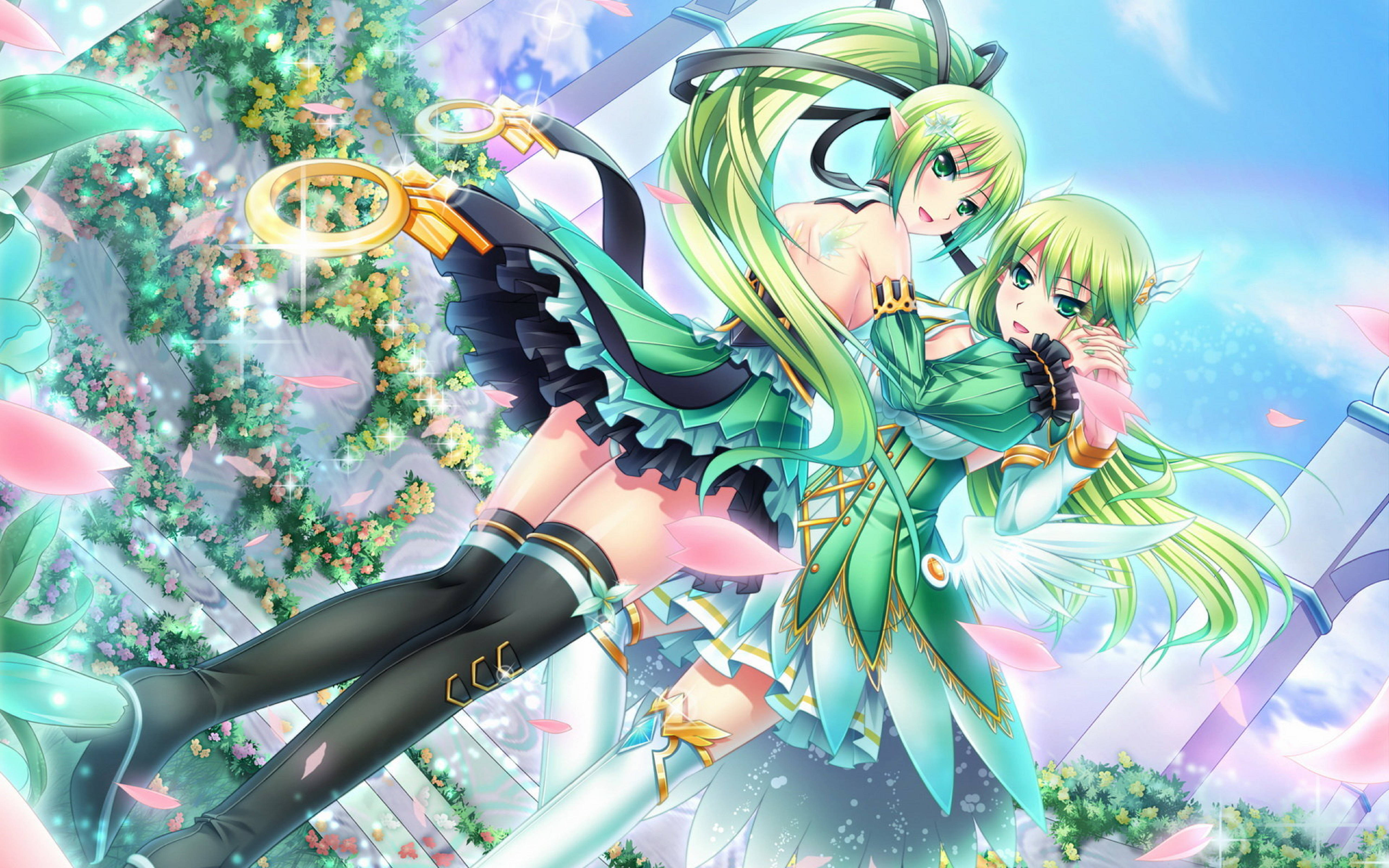 Elsword 桌布 壁紙 — 兩個長著綠色長髮的動漫女孩漂浮在充滿活力的魔法花園中，周圍飄落著粉紅色的花瓣。