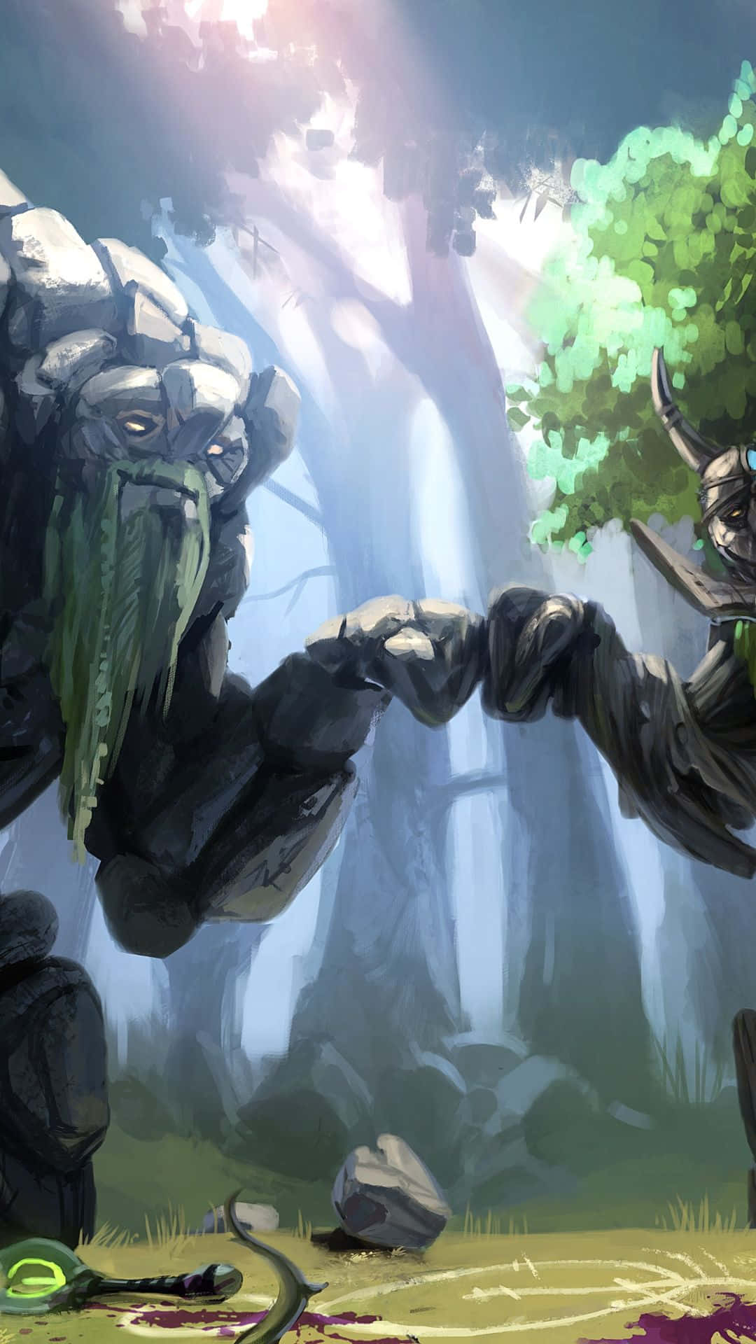電玩遊戲 桌布 壁紙 — 兩個長著苔蘚鬍鬚的巨型石像在神秘森林空地上，沐浴在空靈光芒中緊握雙手。