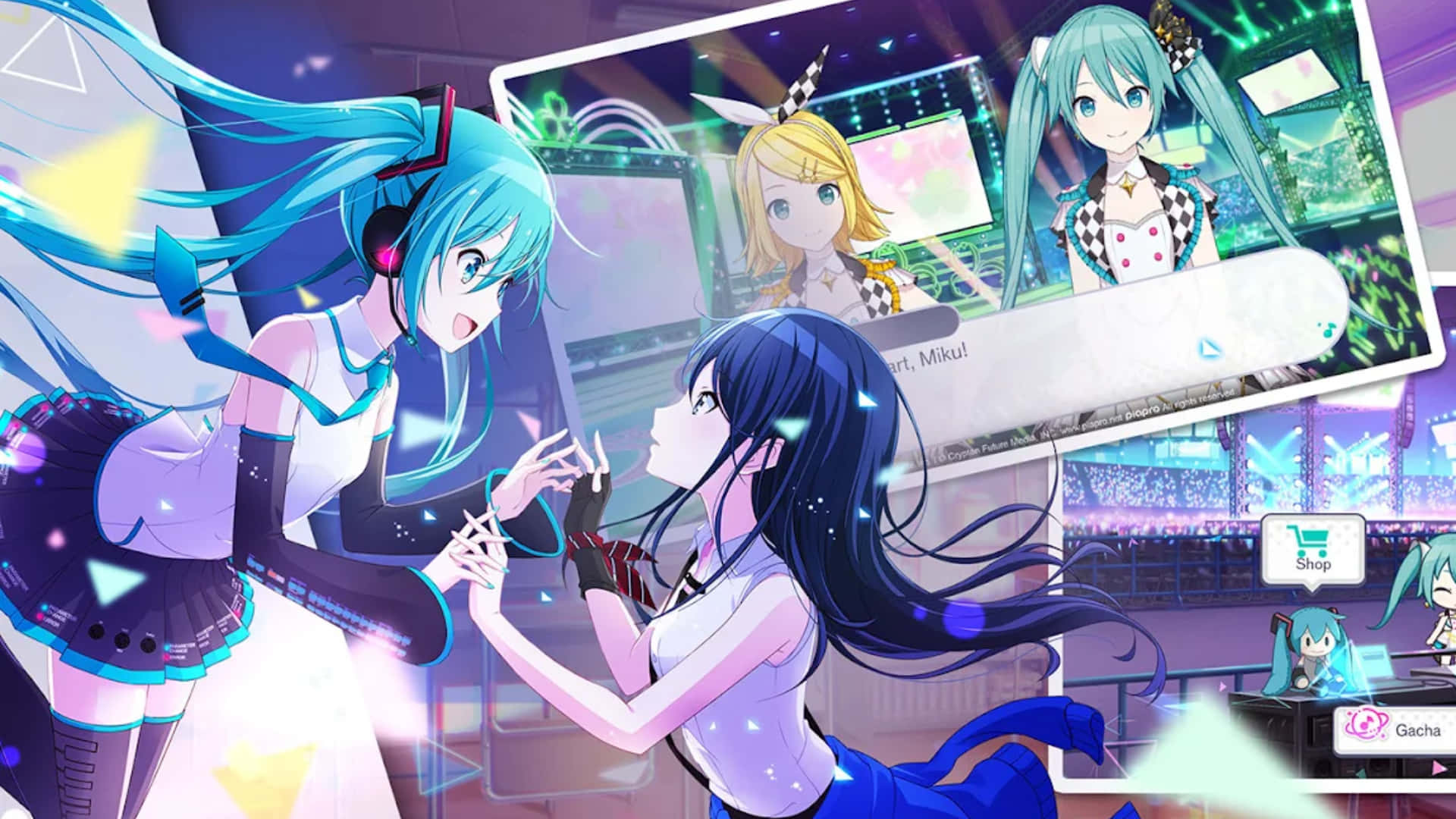 初音未來 桌布 壁紙 — 兩個長藍色頭髮的動漫女孩在充滿活力的數位音樂會舞台上互動，舞台有發光效果和全息螢幕。