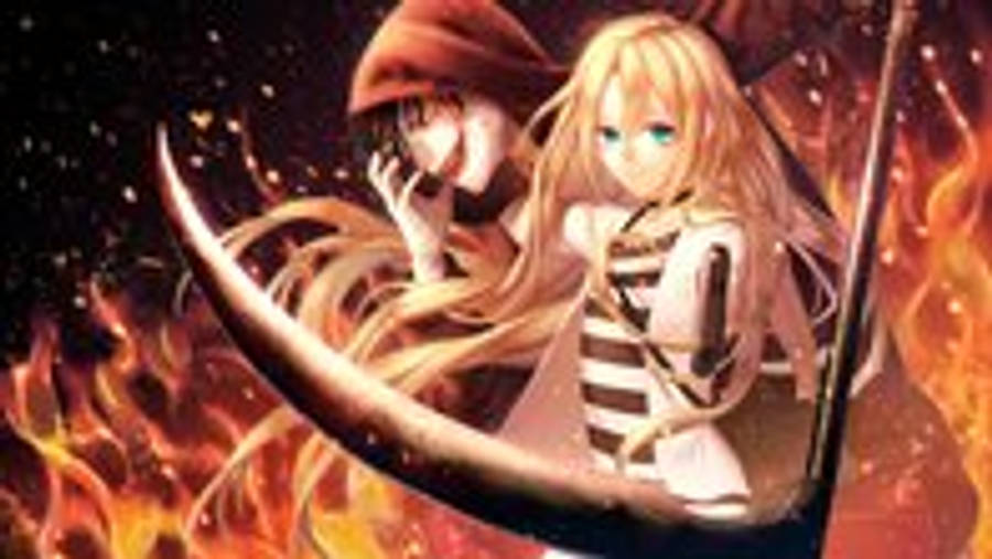 angels 桌布 壁紙 — 兩個長髮動漫女孩站在熊熊烈火中，手持一把大鐮刀，背景是火海。