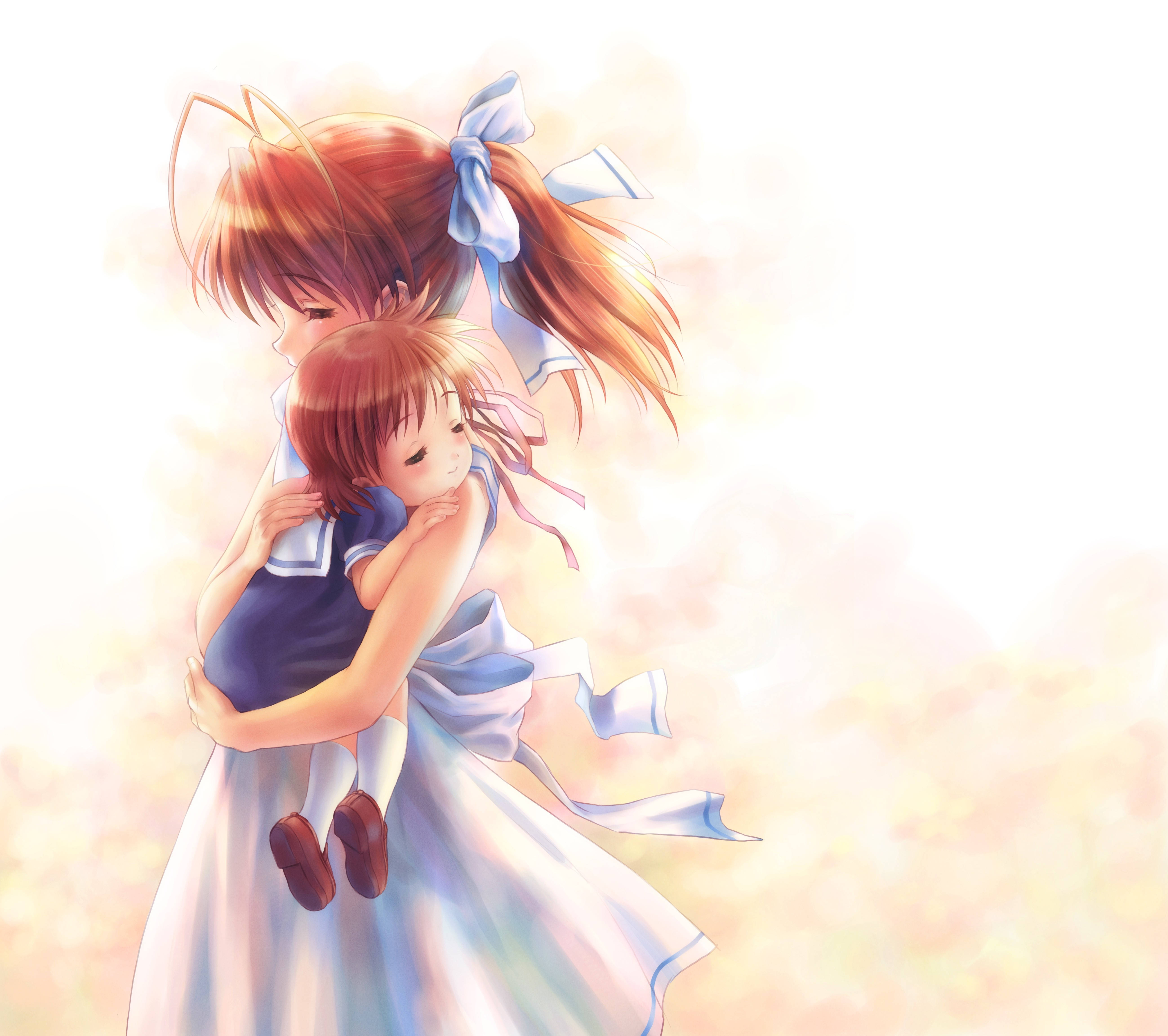 Clannad 桌布 壁紙 — 兩個長髮飄逸的女孩在柔和發光的背景下溫柔地擁抱，呈現動漫風格。