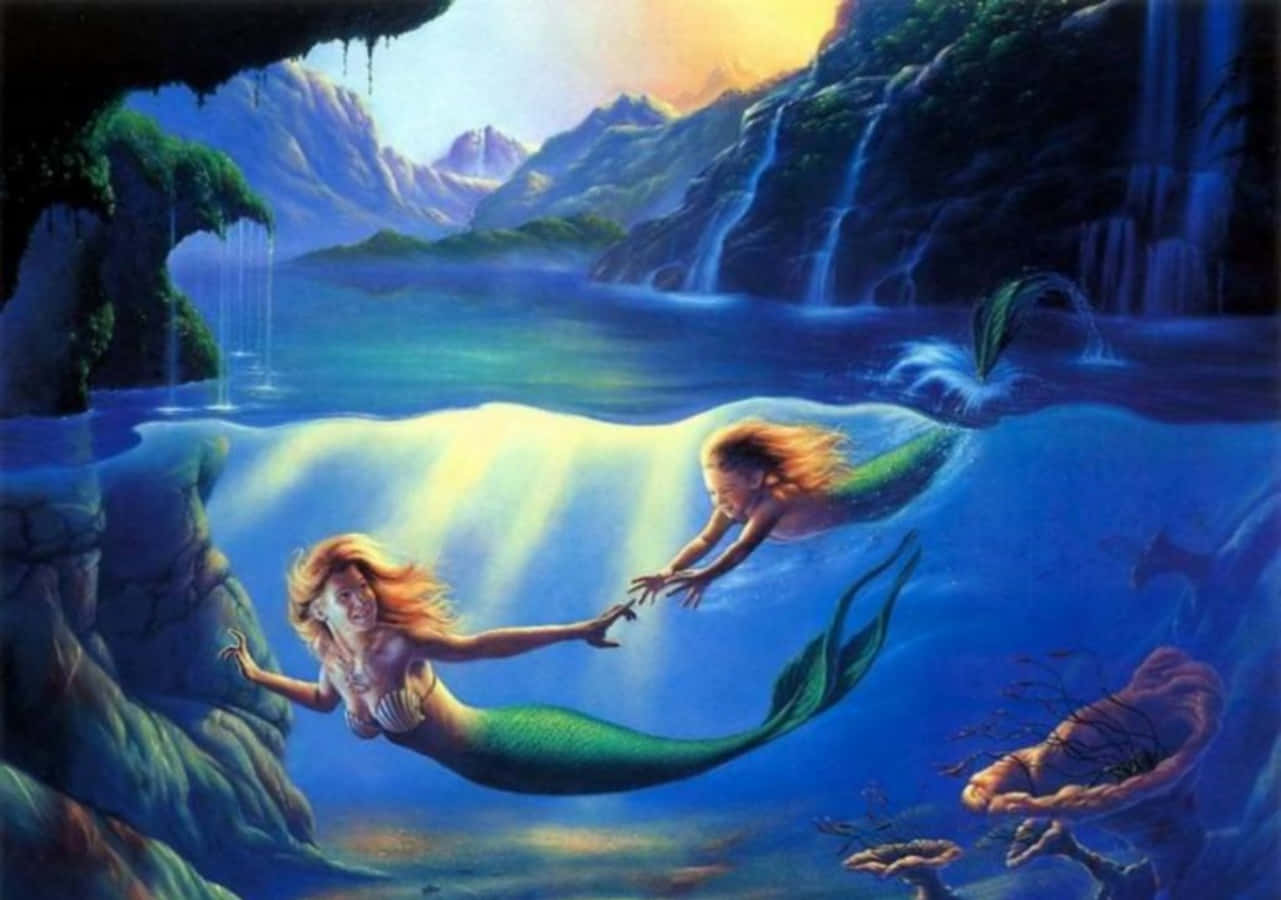 Mermaids 桌布 壁紙 — 兩個長髮飄逸的美人魚在神秘的山景中，於發光瀑布附近的水下互相伸手觸碰。