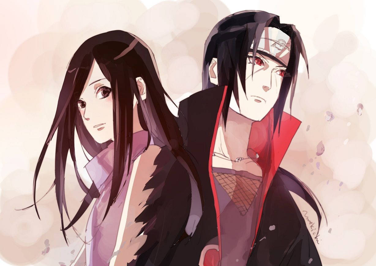izumi uchiha 桌布 壁紙 — 兩個長黑髮的動漫角色並肩站立，背景柔和模糊，色調溫暖。