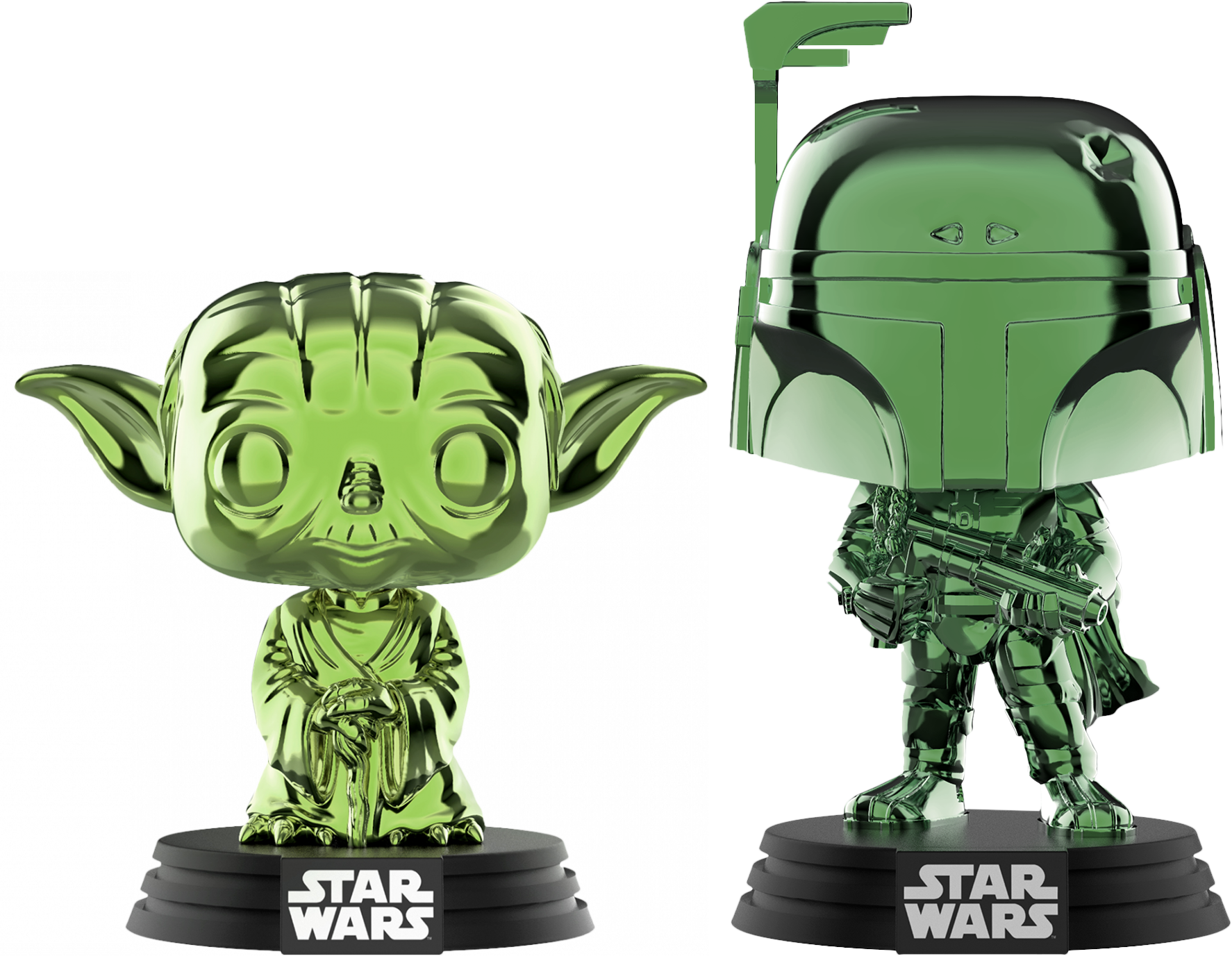 尤達 桌布 壁紙 — 兩個閃亮的綠色鉻合金星際大戰Funko Pop公仔尤達和波巴·費特並排站在黑色底座上，背景是 stark 黑色。