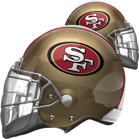 Football Helmet 桌布 壁紙 — 兩個閃亮的舊金山49人隊美式足球頭盔，金色外殼、紅色標誌和銀色面罩，傾斜在黑色背景上。