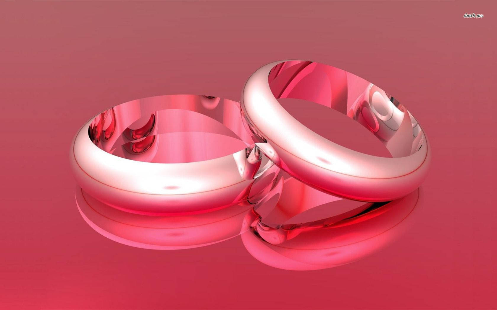 Wedding Rings 桌布 壁紙 — 兩個閃亮的金屬環在柔和的粉紅色漸變背景上相互扣合，帶有微妙的反射。