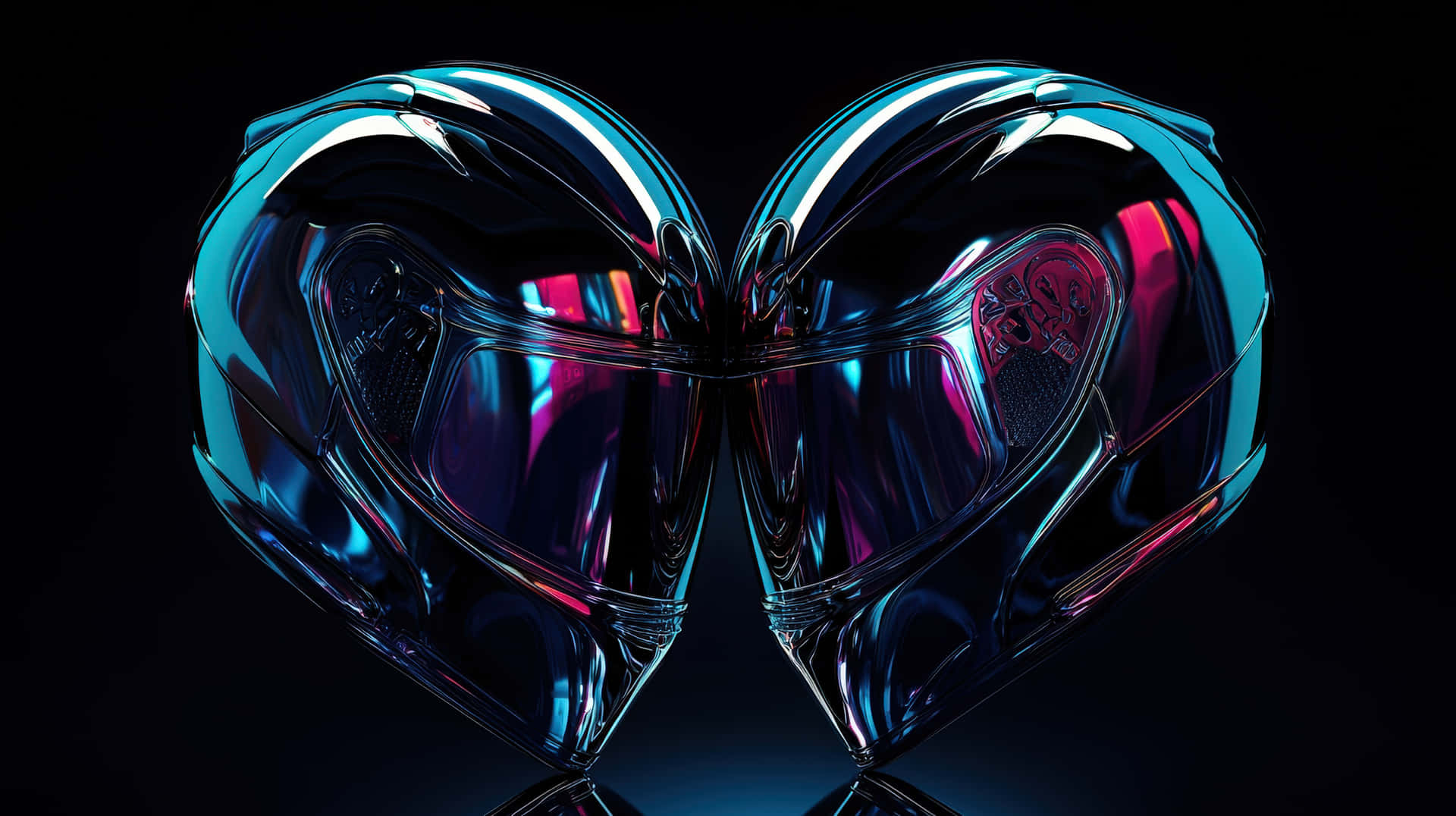 Futuristic Neon Motorcycle Helmets Forming a Heart Shape on a Dark Background 壁紙 — 兩個閃亮金屬心形頭盔在黑色背景上相對，帶有霓虹反射。
