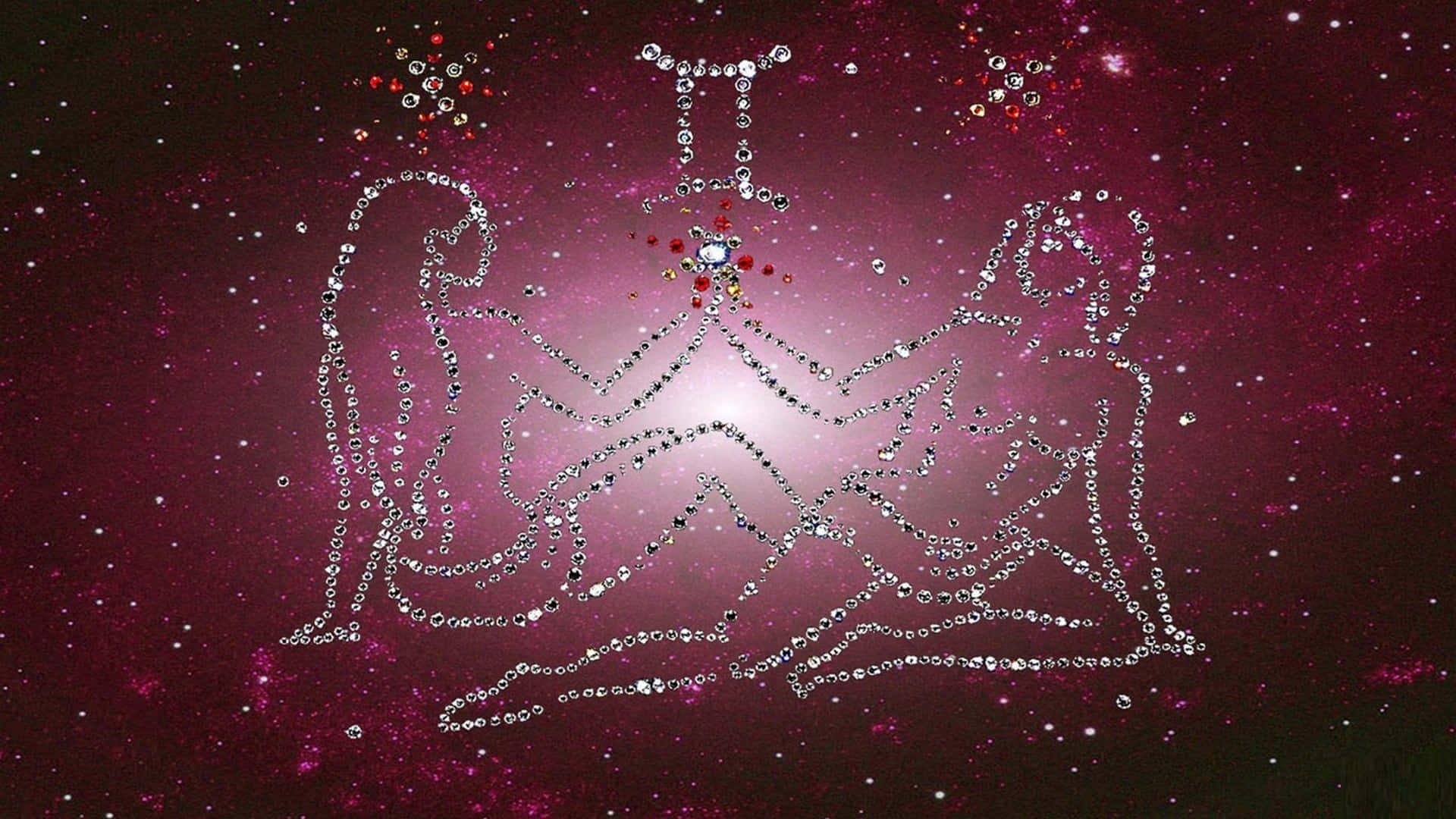 gemini 桌布 壁紙 — 兩個閃閃發光的鑽石形狀在星空洋紅色銀河背景下進行宇宙般的擁抱。