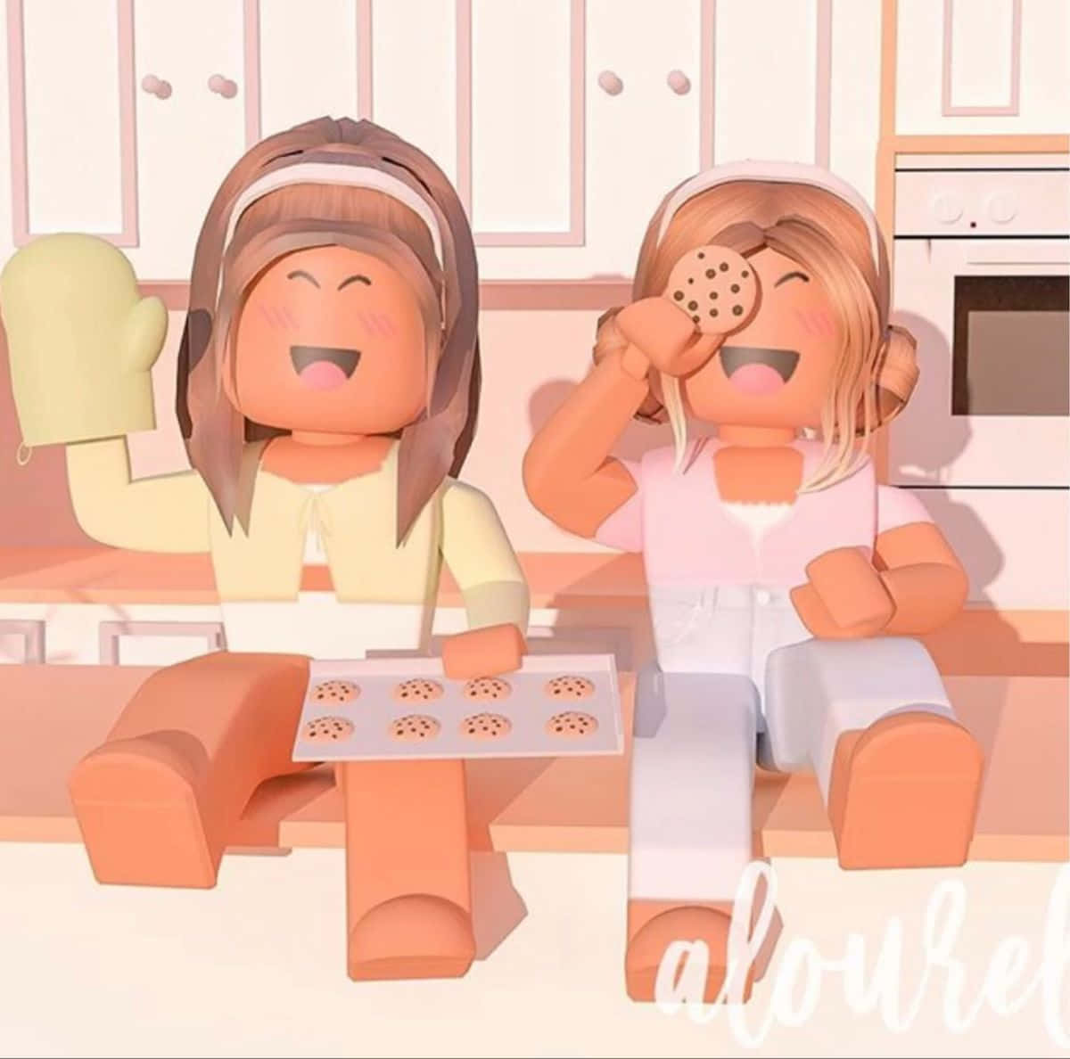 Roblox Bff 桌布 壁紙 — 兩個開心的 Roblox 角色在粉彩廚房裡戴著隔熱手套烤巧克力曲奇。
