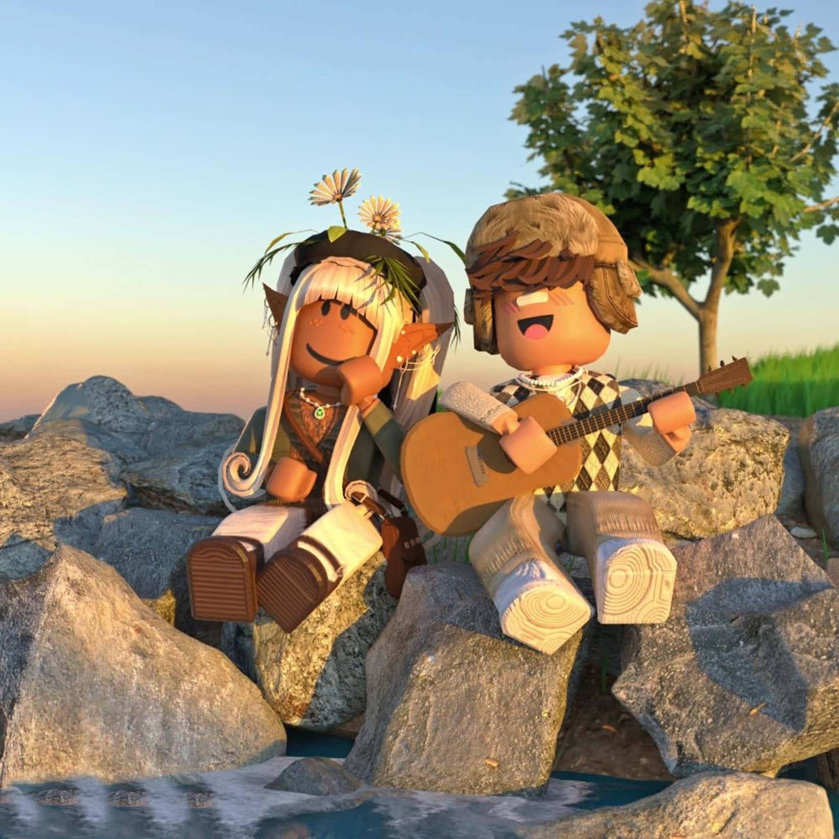 Roblox Gfx 桌布 壁紙 — 兩個開心的Roblox角色坐在水邊岩石上彈吉他，太陽在樹後落下。
