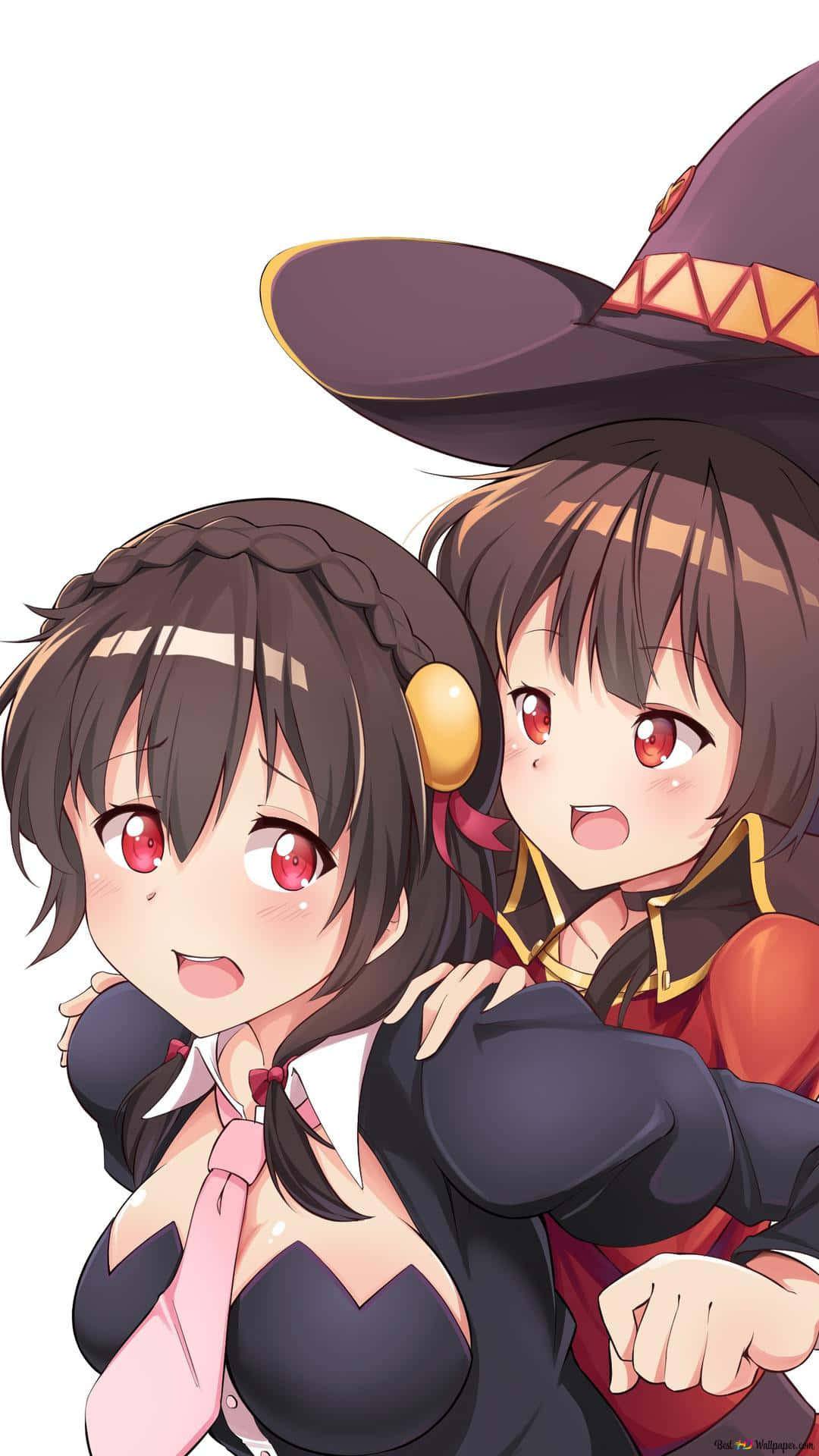 Konosuba God's Blessing On This Wonderful World 桌布 壁紙 — 兩個開心的動漫女孩，一個戴著巫師帽，另一個紮辮子，都有紅色眼睛，在白色背景前溫暖地微笑。