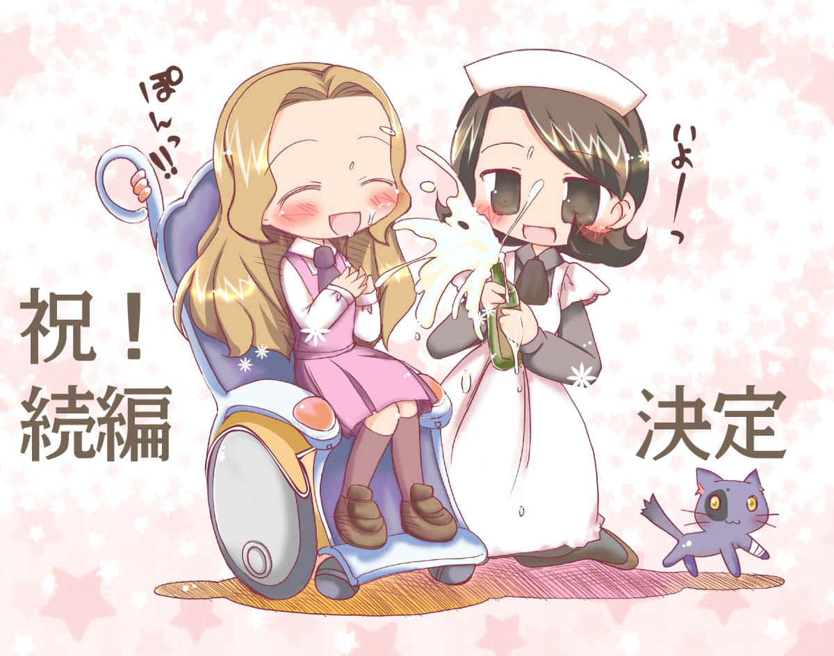 Sayoko Shinozaki 桌布 壁紙 — 兩個開心的動漫女孩用香檳祝酒慶祝，一個坐輪椅，另一個穿護士服，附近有一隻小貓。