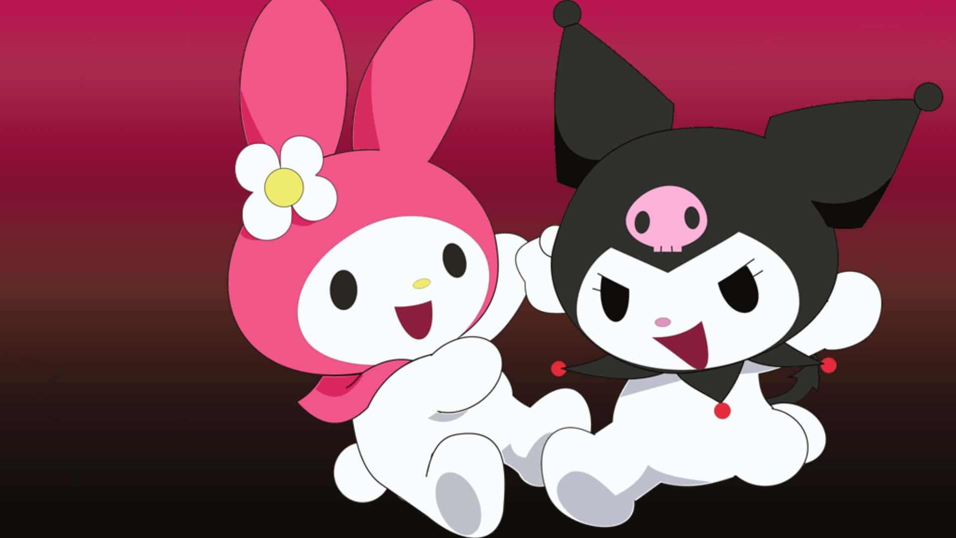 Kuromi And My Melody 桌布 壁紙 — 兩個開心的動漫角色 My Melody 和 Kuromi 在漸變紅色背景前頑皮地擺姿勢。