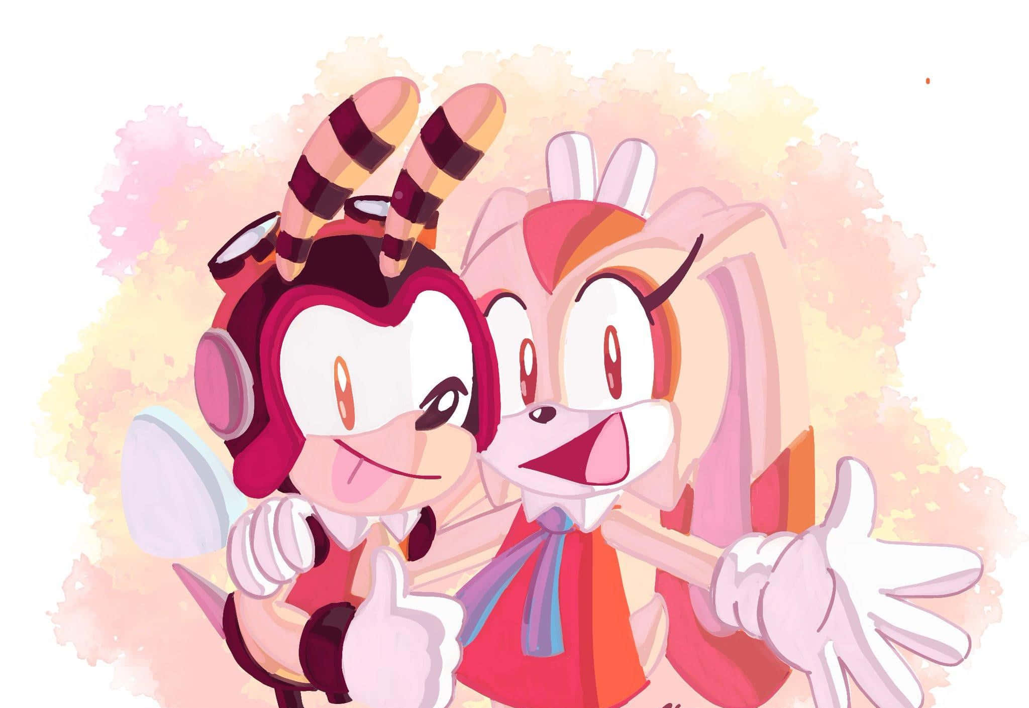 Charmy Bee 桌布 壁紙 — 兩個開心的動漫角色，帶有天線和兔耳，在柔和粉彩水彩背景前快樂地擺姿勢。