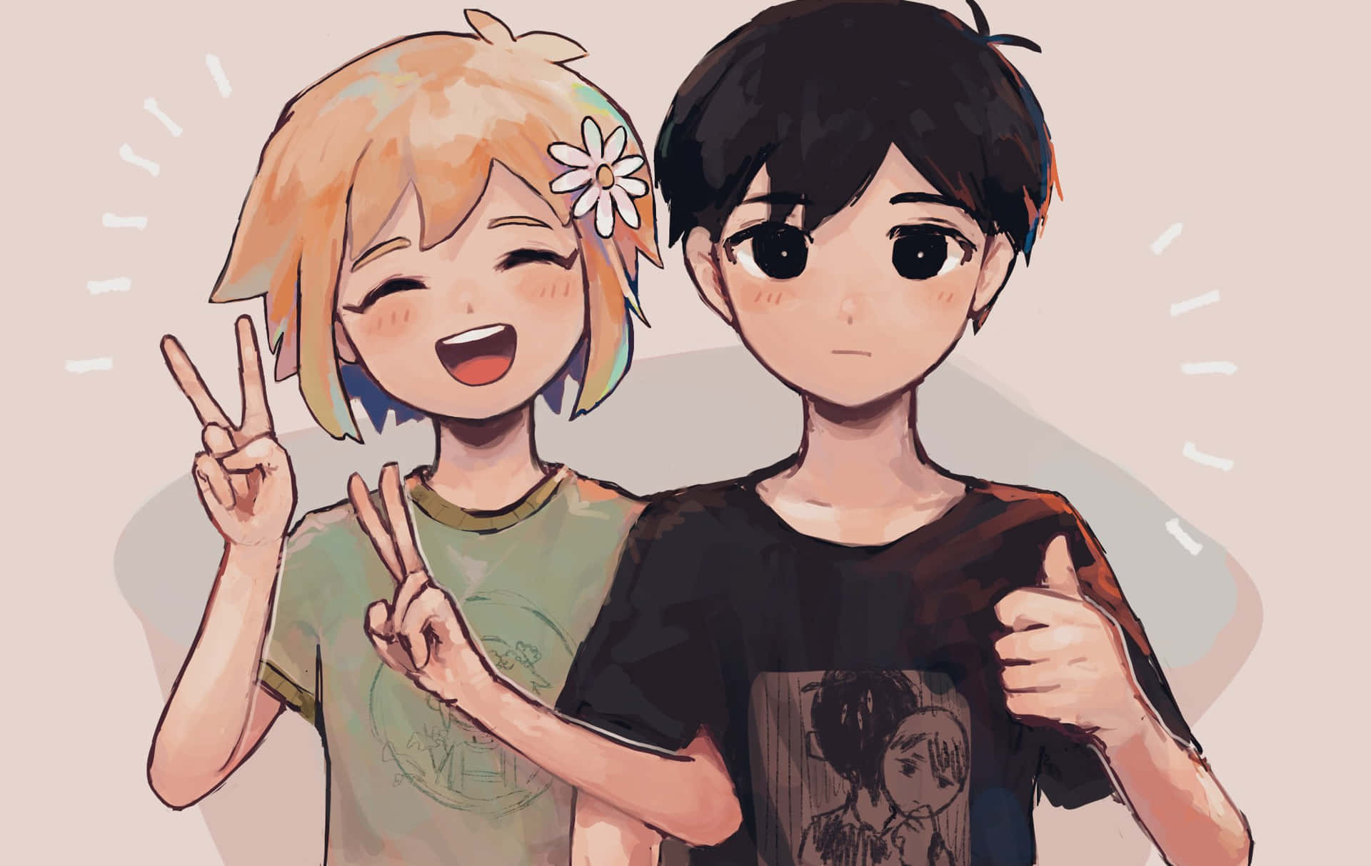 omori 桌布 壁紙 — 兩個開心的動漫角色在柔和粉彩背景前擺出和平手勢。