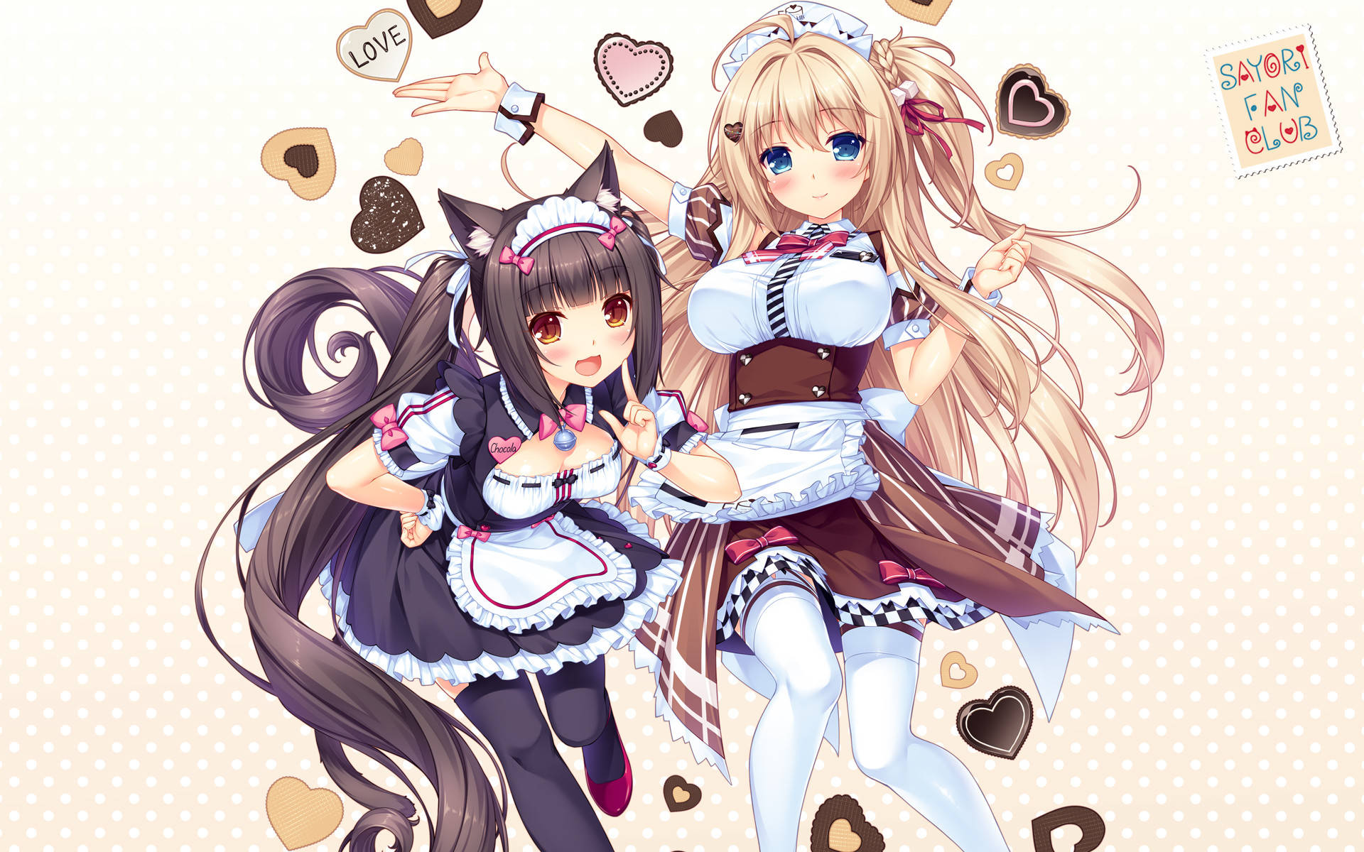 Nekopara 桌布 壁紙 — 兩個開心的動畫女孩穿著女僕裝，在漂浮的心形和巧克力主題裝飾之間擺出有趣的姿勢。