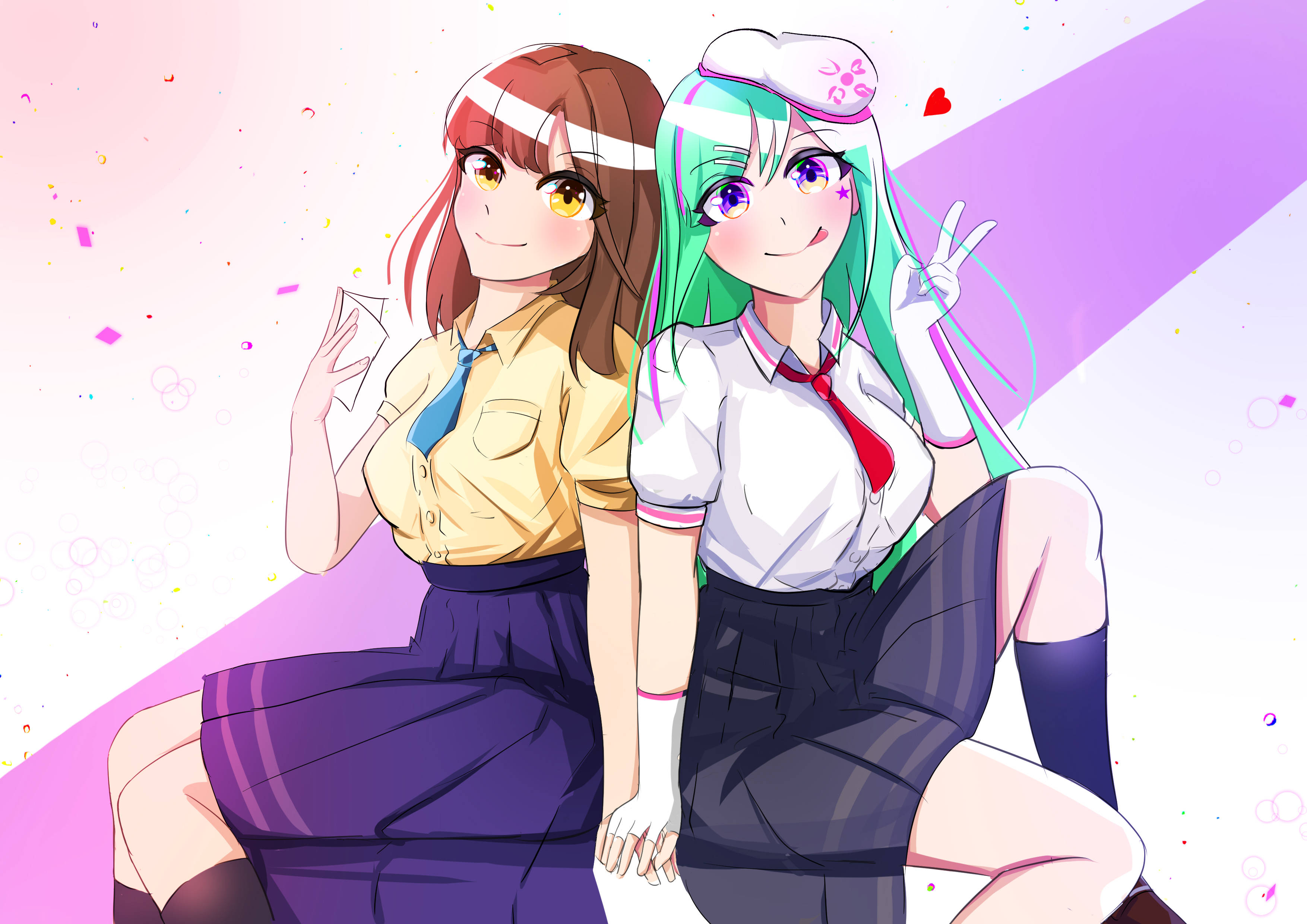 搞笑動漫 桌布 壁紙 — 兩個開心的動畫女學生穿著校服，背對背擺姿勢，背景是粉彩粉紅色和紫色，有飄浮的彩紙屑。