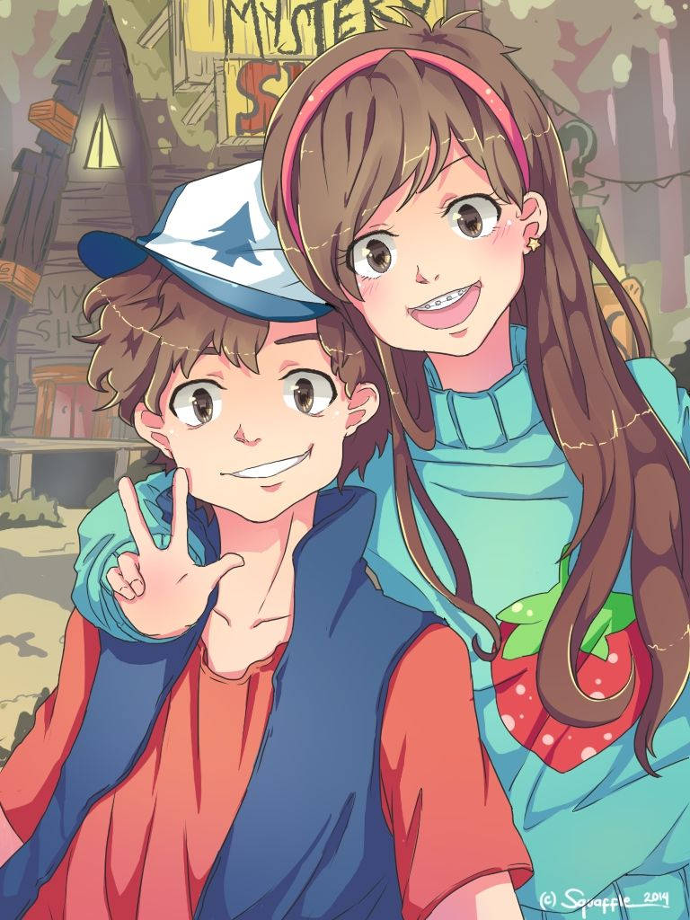dipper pines 桌布 壁紙 — 兩個開心的動畫小孩在一個舒適的神秘商店裡，在溫暖的燈光和復古招牌下燦爛地微笑。