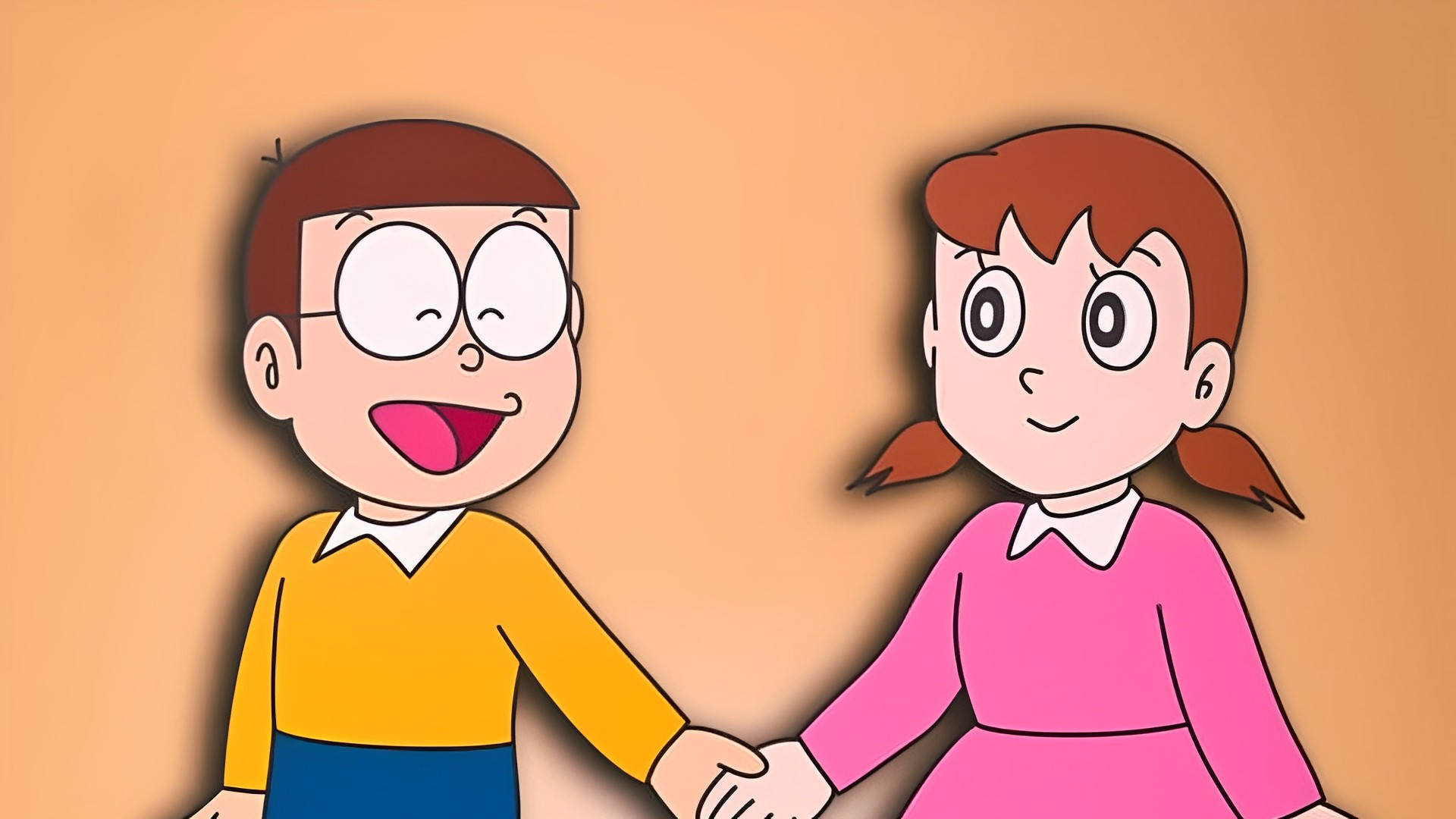 shizuka doraemon 桌布 壁紙 — 兩個開心的動畫小孩手牽手，背景是純桃色，笑容燦爛，衣著簡單。