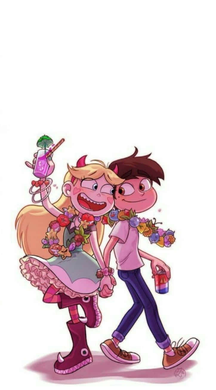 Star Vs The Forces Of Evil 桌布 壁紙 — 兩個開心的卡通人物手牽手，戴著花環和拿著色彩繽紛的飲料，背景是純白色。