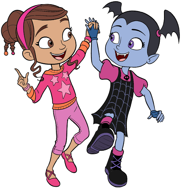 Cartoon Characters 桌布 壁紙 — 兩個開心的卡通女孩，一個人類一個吸血鬼，在純白背景前快樂地手牽手跳舞。