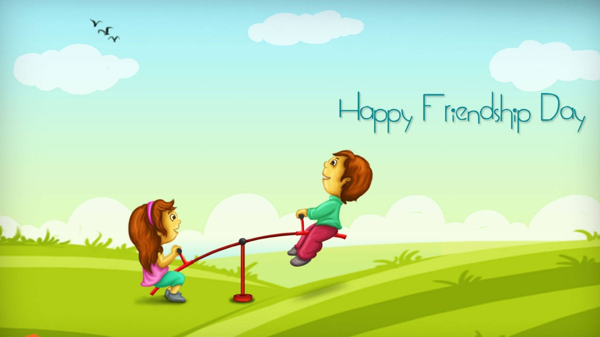 Friendship Day 桌布 壁紙 — 兩個開心的卡通女孩在藍天白雲和飛鳥下，在一片明亮的綠色田野上玩紅色的蹺蹺板。