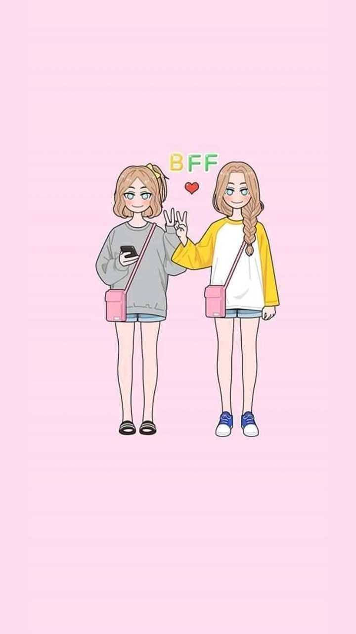 少女風 桌布 壁紙 — 兩個開心的卡通女孩背著粉紅色包包並排站在柔和的粉紅色背景前，上方有「BFF」和一個愛心。