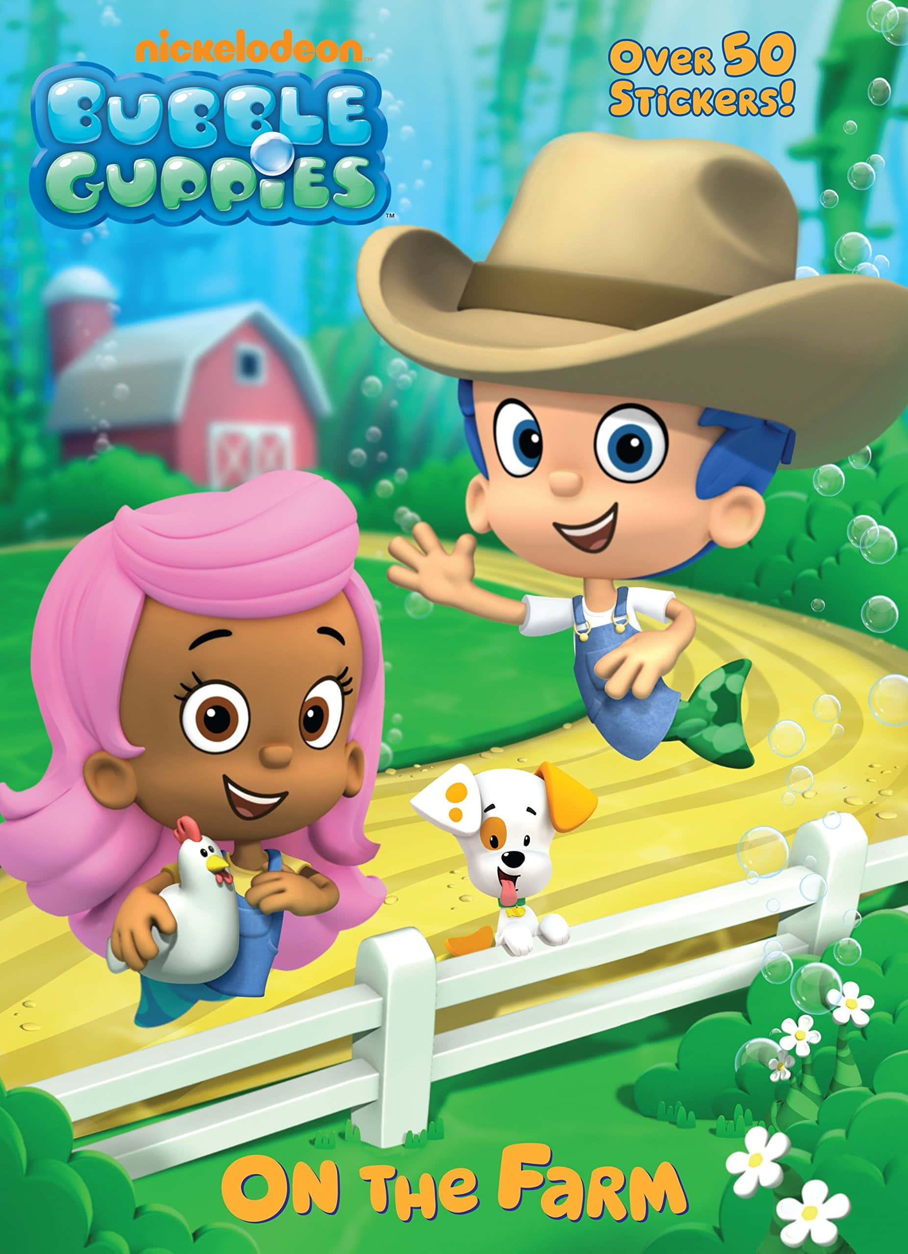 Bubble Guppies 桌布 壁紙 — 兩個開心的卡通小孩和一隻小狗在陽光明媚的農場上，有紅色穀倉和漂浮的泡泡。