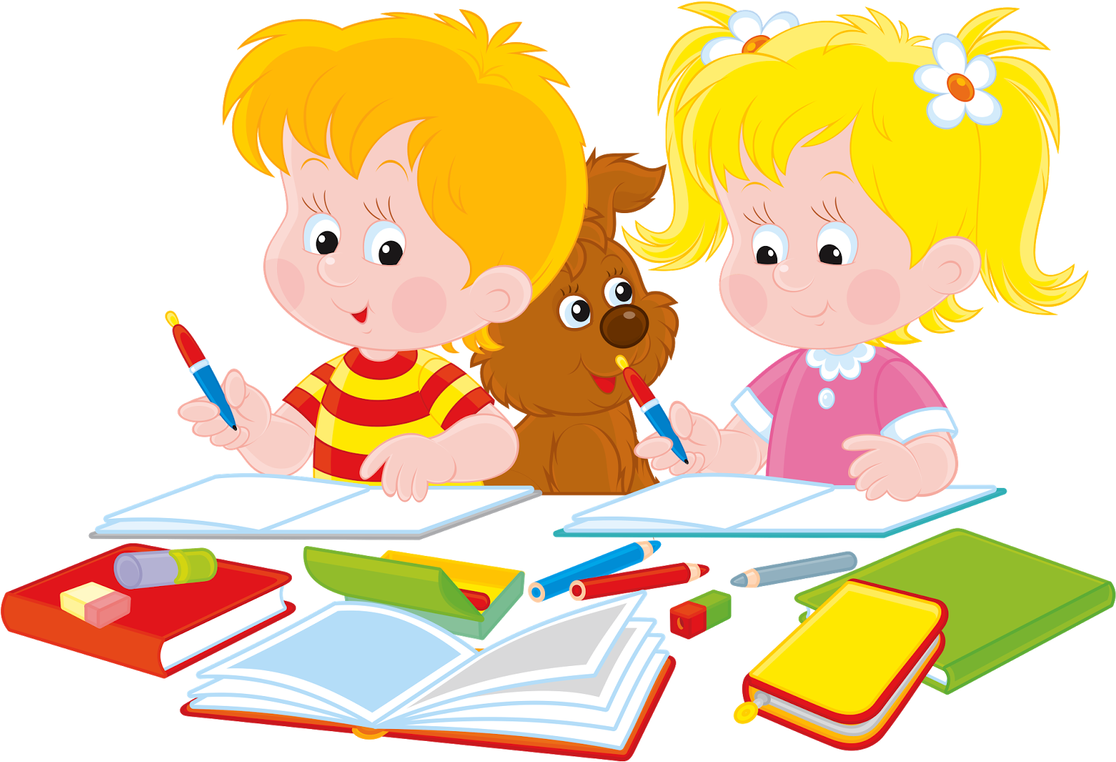 學校 桌布 壁紙 — 兩個開心的卡通小孩和一隻狗坐在書桌前，周圍是色彩繽紛的學校用品和打開的書本。