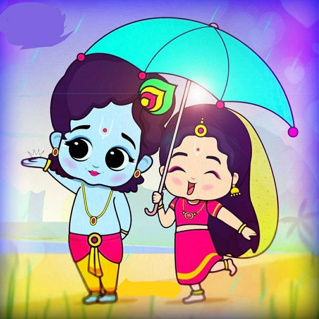 桌布 壁紙 — 兩個開心的卡通小孩在充滿活力的下雨場景中，共用一把色彩繽紛的雨傘，天空發出紫色光芒。
