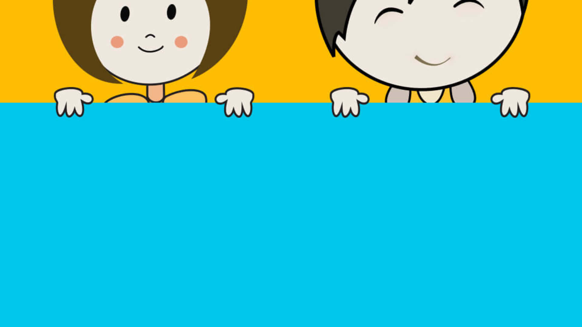 fun 桌布 壁紙 — 兩個開心的卡通小孩在明亮的藍色邊框上方探頭，背景是陽光般的黃色。