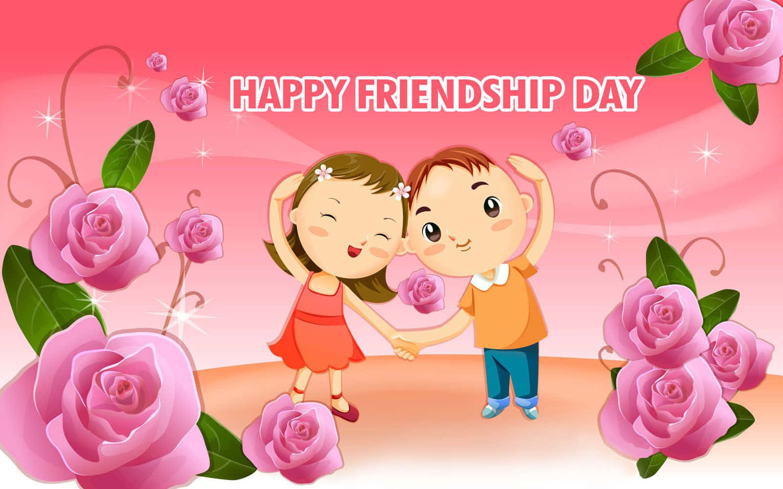 Friendship Day 桌布 壁紙 — 兩個開心的卡通小孩在粉紅色的天空下，於粉紅玫瑰和閃爍星星之間牽手微笑。