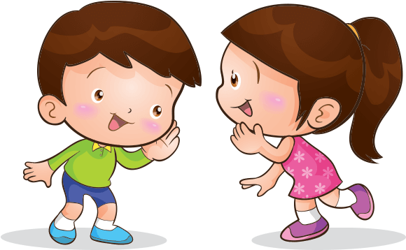 小孩動圖 桌布 壁紙 — 兩個開心的卡通小孩在黑色背景前，帶著燦爛笑容和高舉雙手，頑皮地面對面。