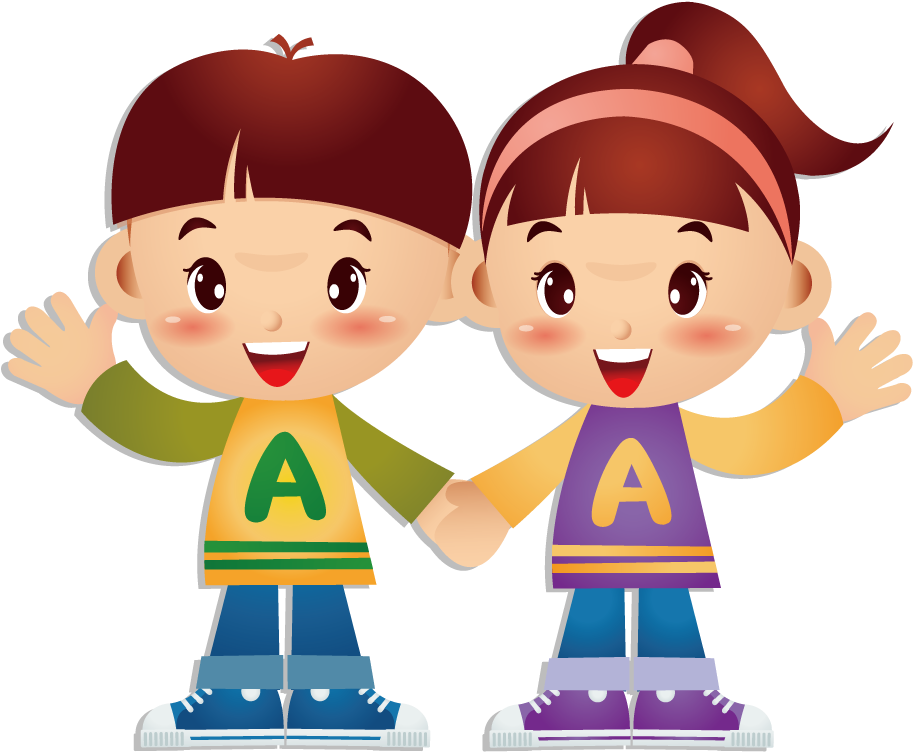 twins 桌布 壁紙 — 兩個開心的卡通小孩在黑色背景前揮手並牽手，穿著色彩繽紛的A字衫。
