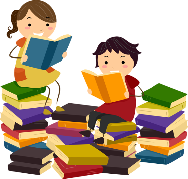 閱讀 桌布 壁紙 — 兩個開心的卡通小孩坐在色彩繽紛的書堆上，專心閱讀他們最喜歡的故事。