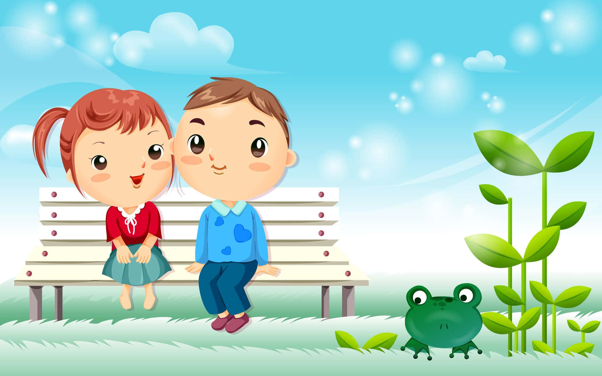 couple love 桌布 壁紙 — 兩個開心的卡通小孩坐在長椅上，頭頂是明亮的藍天和蓬鬆的白雲，旁邊有高大的植物和一隻綠色青蛙。