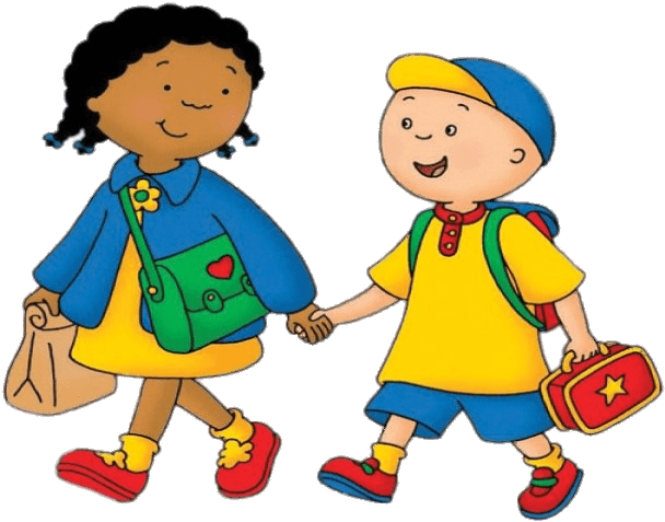 walk 桌布 壁紙 — 兩個開心的卡通小孩手牽手，背著書包和午餐盒走路上學。