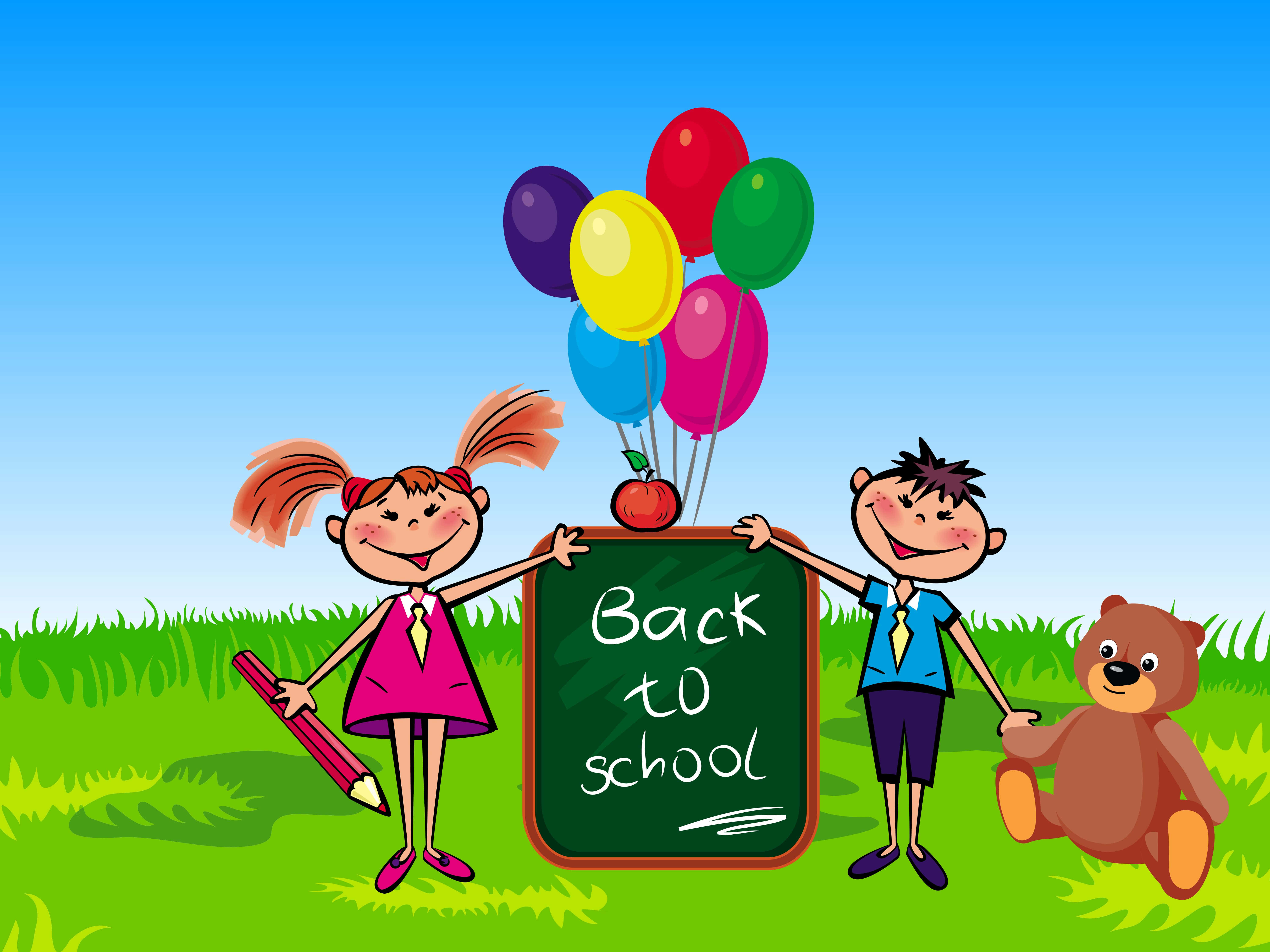 Education 桌布 壁紙 — 兩個開心的卡通小孩拿著一塊寫有「Back to School」的黑板，周圍是色彩繽紛的氣球和一隻泰迪熊在草地上。