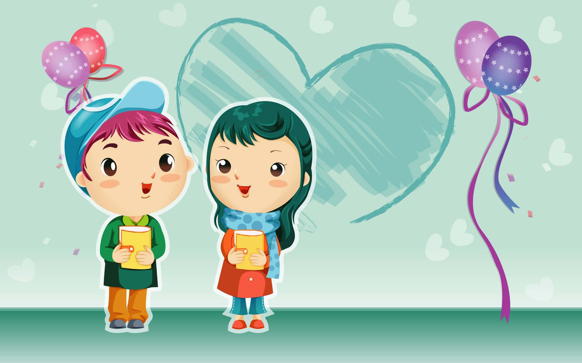 Cute Cartoon 桌布 壁紙 — 兩個開心的卡通小孩拿著黃色書本，站在一個大愛心前面，附近有節日氣球飄浮。