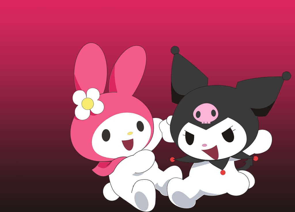 sanrio 桌布 壁紙 — 兩個開心的卡通角色 My Melody 和 Kuromi 在漸變粉紅色背景前一起擺姿勢。