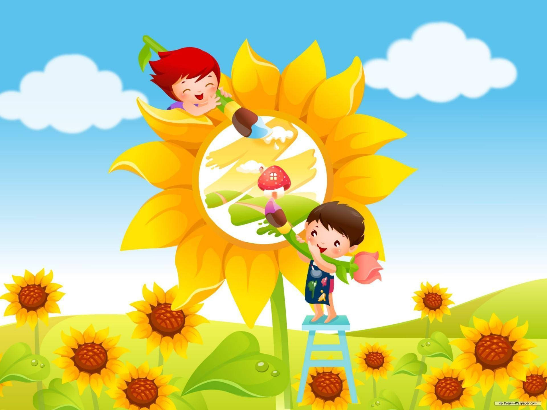 小孩動圖 桌布 壁紙 — 兩個開心的孩子在明亮的藍天下畫一朵巨型向日葵的臉，其中心有蘑菇景觀。