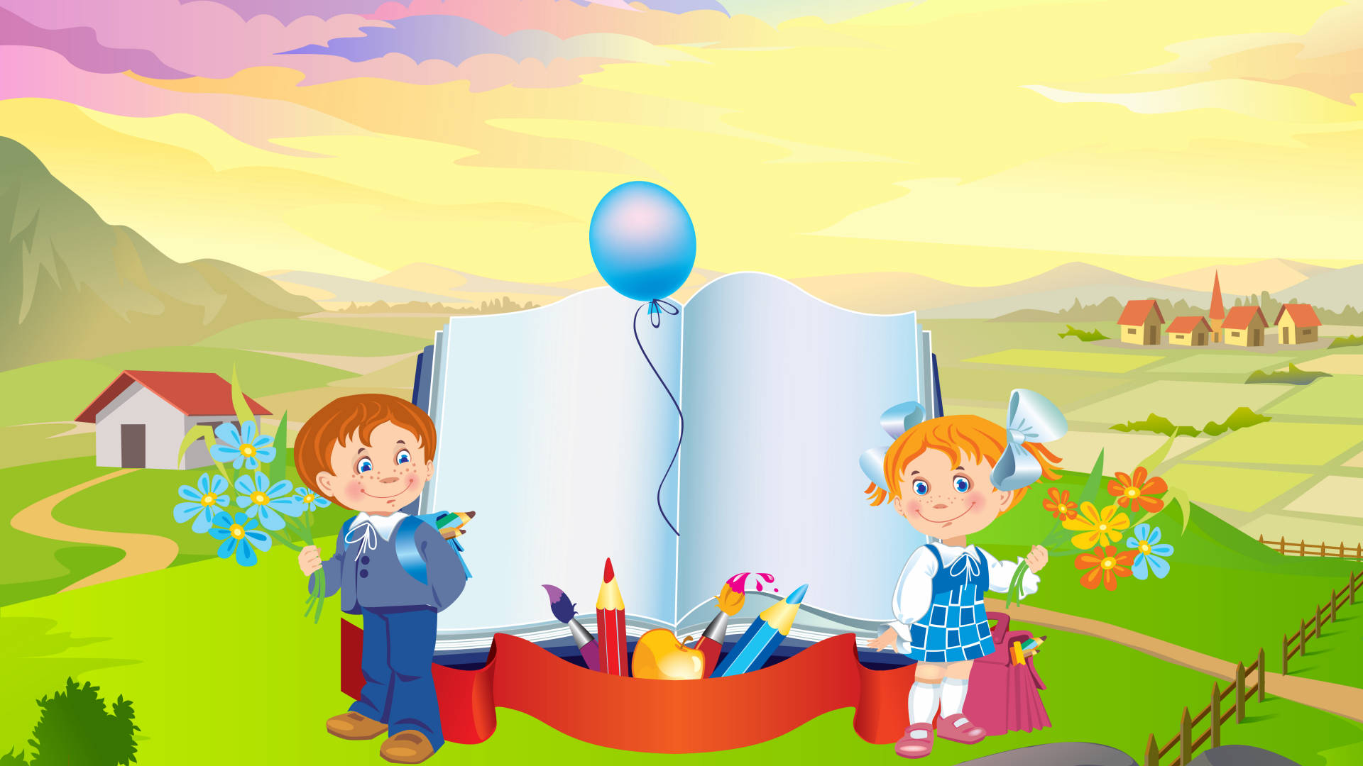 小孩動圖 桌布 壁紙 — 兩個開心的孩子站在一本巨大的打開的書旁邊，背景是充滿活力的鄉村，有起伏的山丘和色彩繽紛的日落天空。