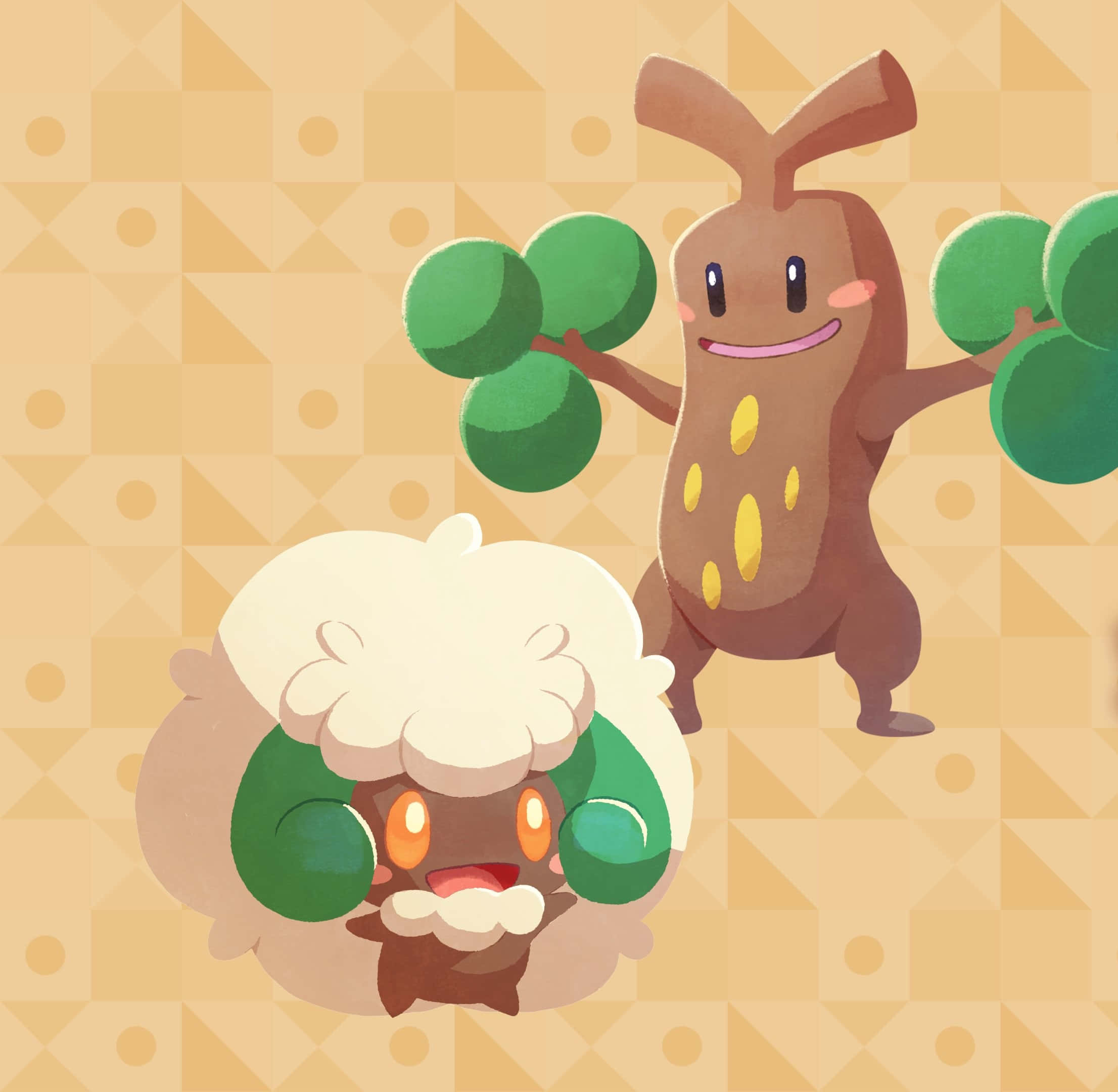 Sudowoodo 桌布 壁紙 — 兩個開心的寶可夢角色站在溫暖的幾何圖案背景前，光線柔和。