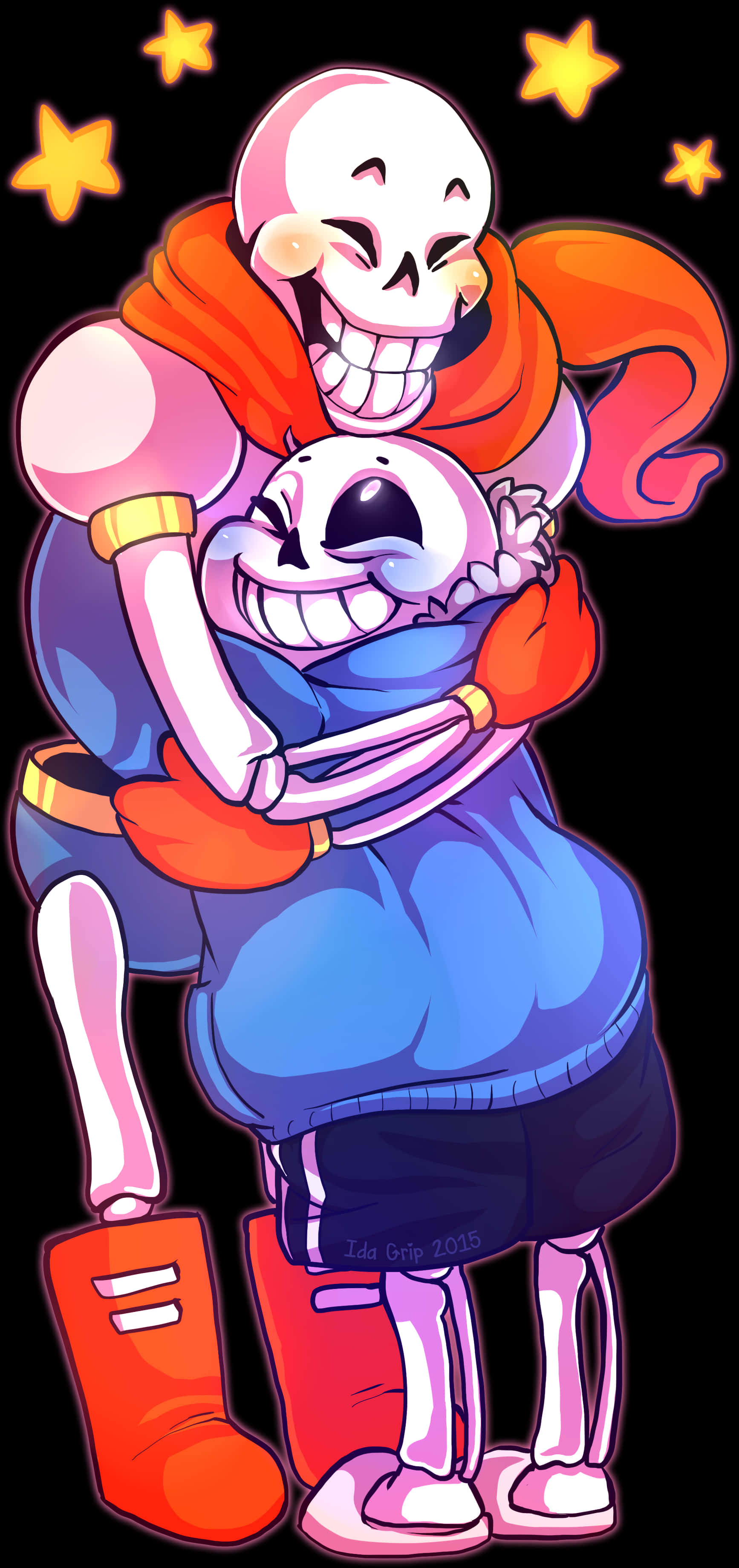 Undertale Sans 桌布 壁紙 — 兩個開心的骷髏角色在黑色背景上緊緊擁抱，背景有發光的黃色星星。