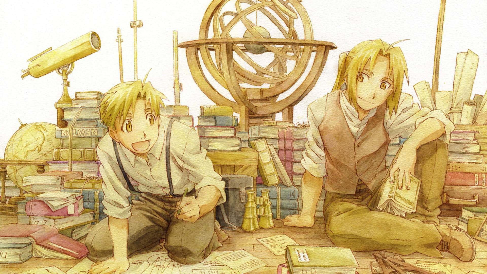 鋼之鍊金術師 BROTHERHOOD 桌布 壁紙 — 兩個開朗的動漫男孩坐在溫暖照明的書房中，周圍堆滿了書籍和科學儀器。