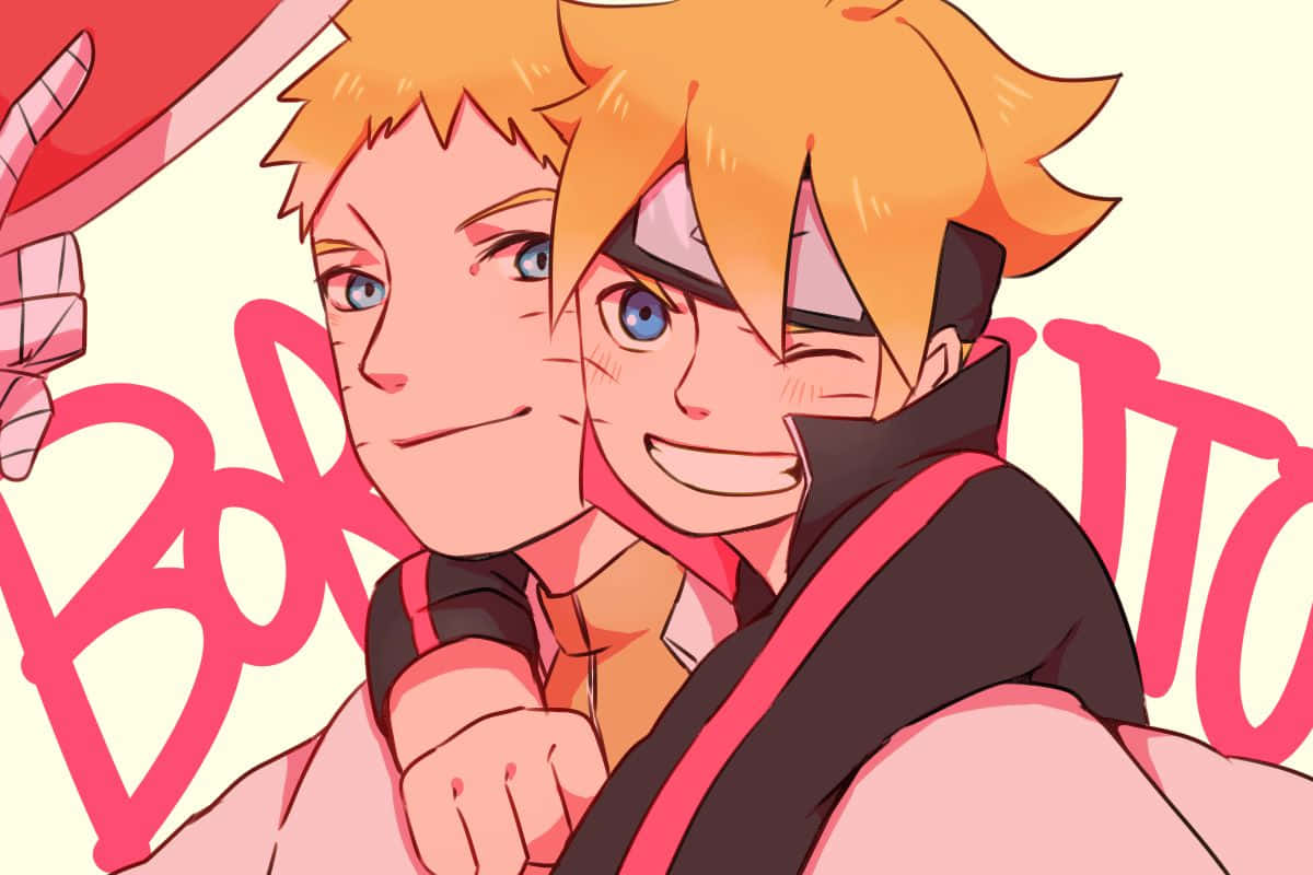 Boruto And Naruto 桌布 壁紙 — 兩個開朗的動畫男孩，有著尖刺金髮和藍眼睛，在粉紅色的「BORUTO」背景下溫暖地微笑。