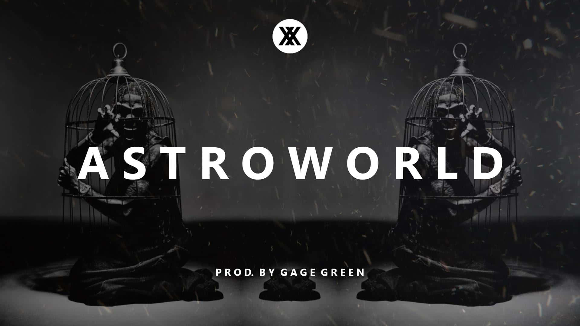 Astroworld 桌布 壁紙 — 兩個陰影人物在華麗的鳥籠中跪在墜落的碎片下，粗體白色文字寫著「ASTROWORLD」，背景陰暗憂鬱。
